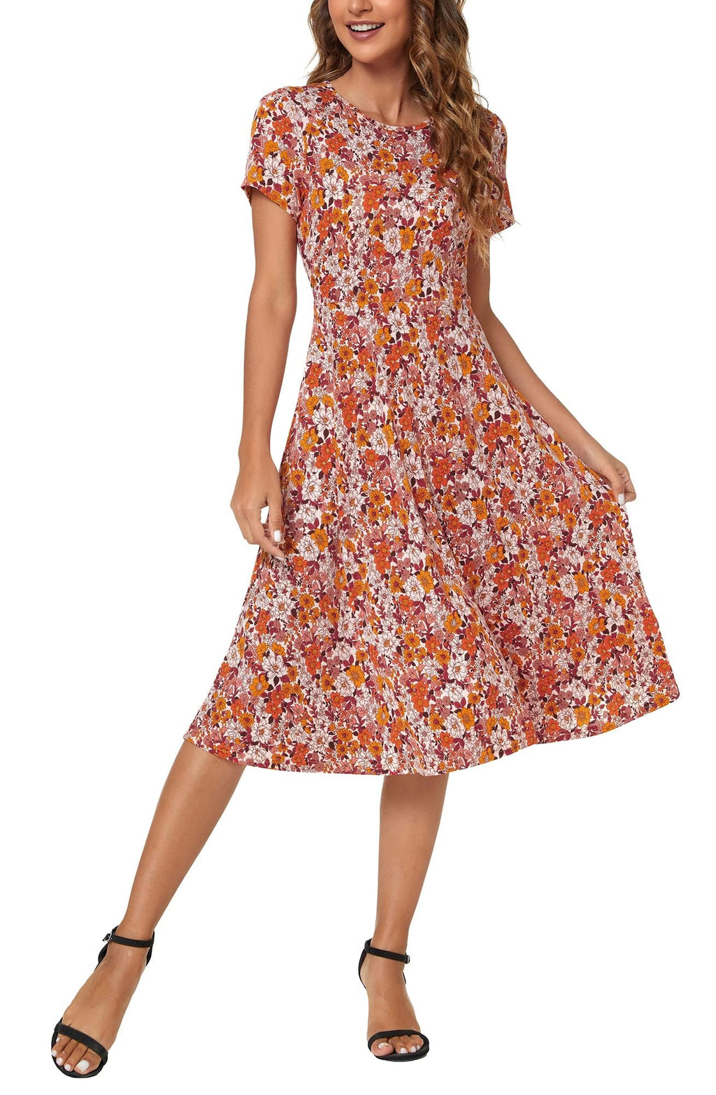 Urban CoCo Women's Vintage Short Sleeve High Waist Flared Midi Casual Summer Dress