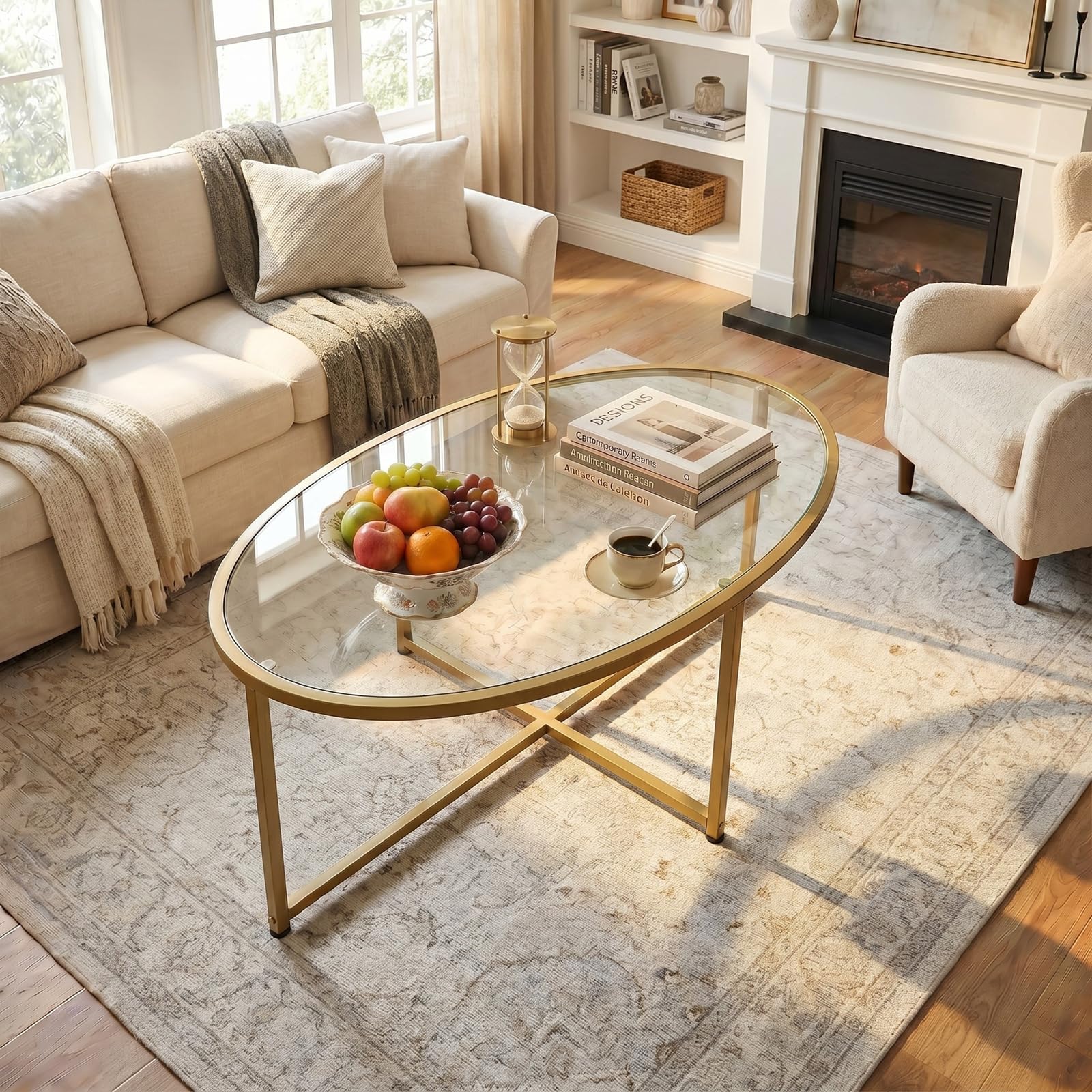Wolawu Coffee Table Gold Oval Glass Coffee Tables for Living Room,Modern Gold Metal Frame Tea Tables for Small Space, Tempered Glass Top Center Table with Stable Cross Base for Bedroom, Office,Balcony