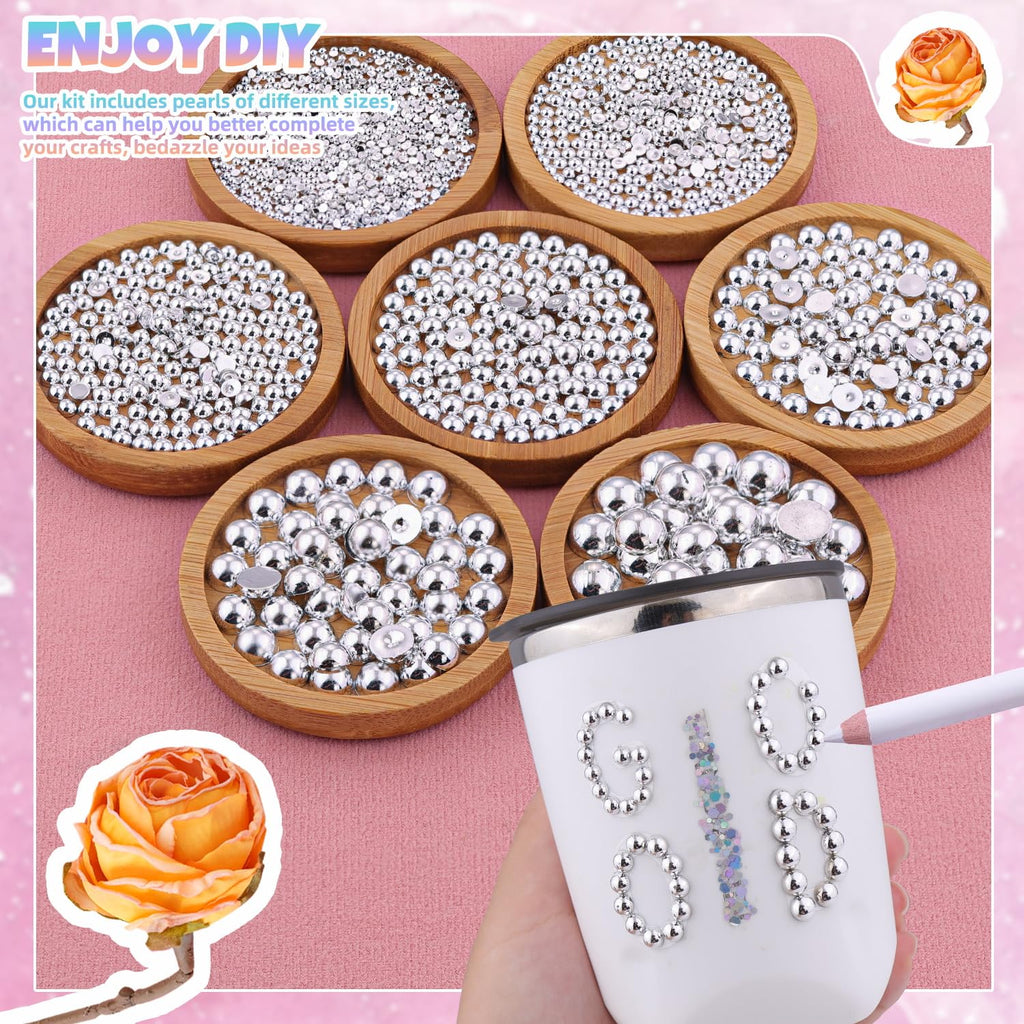 BELLEBOOST 5600pcs ABS Round Flat Back Beige Pearls Kit with Pickup Tools for Nail Art, Face, Body Decorations