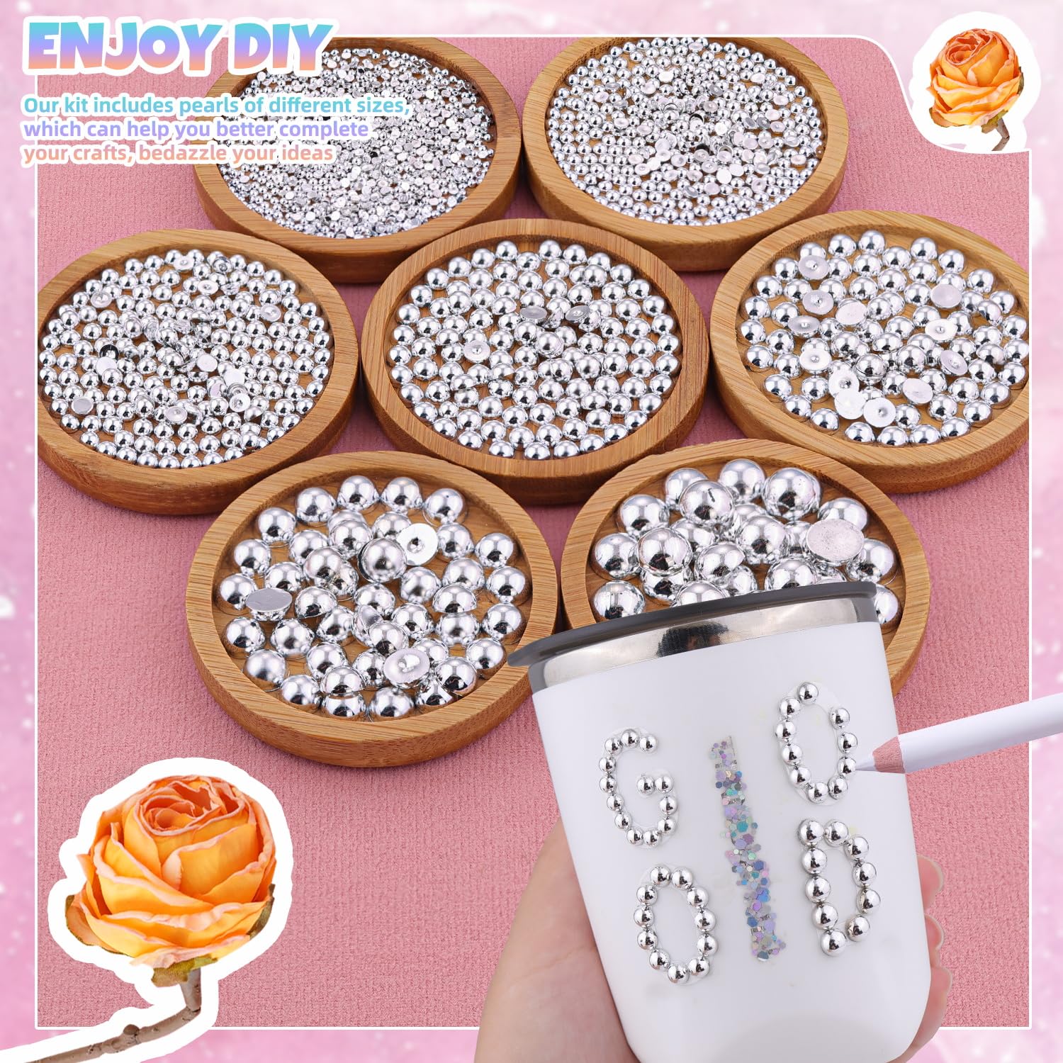 BELLEBOOST 5600pcs ABS Round Flat Back Beige Pearls Kit with Pickup Tools for Nail Art, Face, Body Decorations