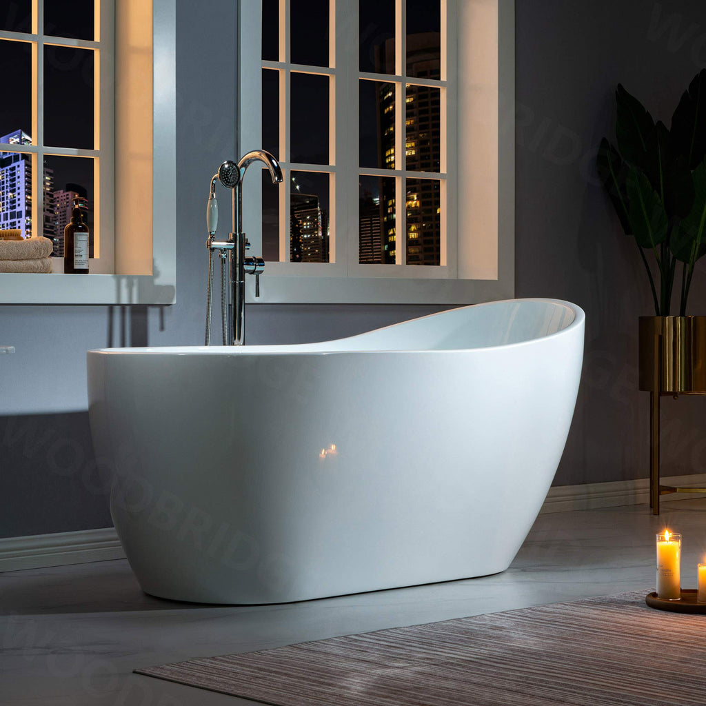 WOODBRIDGE 59" Acrylic Freestanding Bathtub Contemporary Soaking White Tub with Brushed Gold Overflow and Drain， B1530 -BG-Drain &O