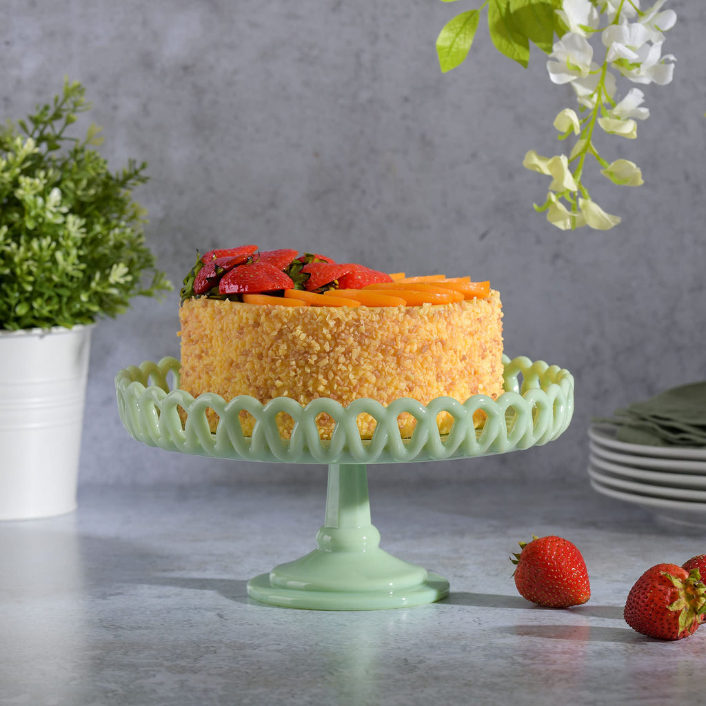 Martha Stewart Watercrest Glass Cake Stand, 10.2 Inch Footed Pedestal Cake Plate with Scalloped Ruffled Edge, Clear Handmade Glassware for Weddings, Parties, and Dessert Display