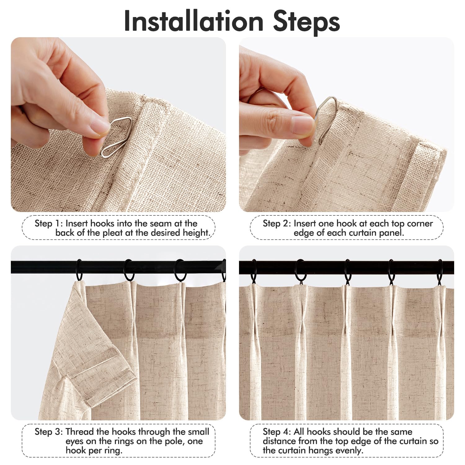 MIULEE Pinch Pleated Linen Curtains 84 Inches Long 2 Panels for Bedroom Living Room, Soft Thick Linen Textured Window Drapes Back Tab Hooks Semi Sheer Light Filtering Farmhouse，Beige
