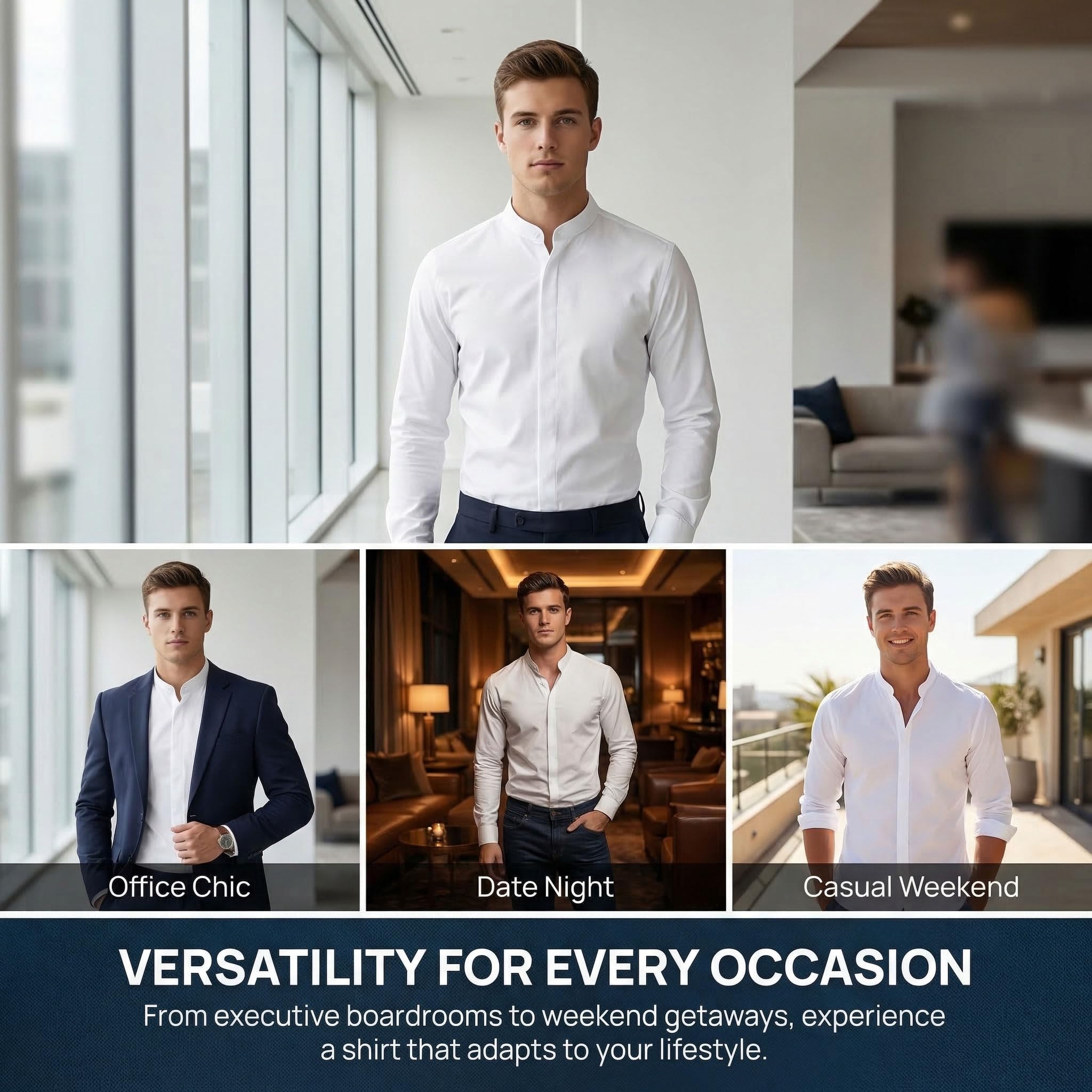 Men’s Banded Collar(Mandarin Collar) Long Sleeve Casual Solid Fancy Dress Shirts