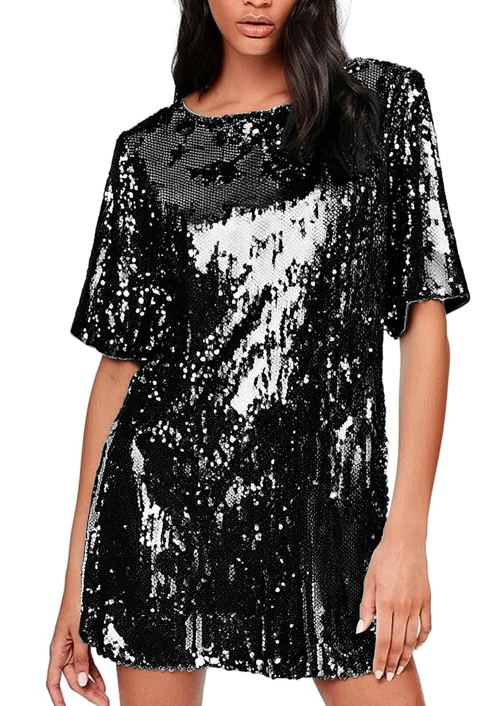 Women's Crew Neck Sequin Dress for Women Sexy V Neck Shirt Dress Sparkly Half Sleeve Loose Party Club Cocktail Dress
