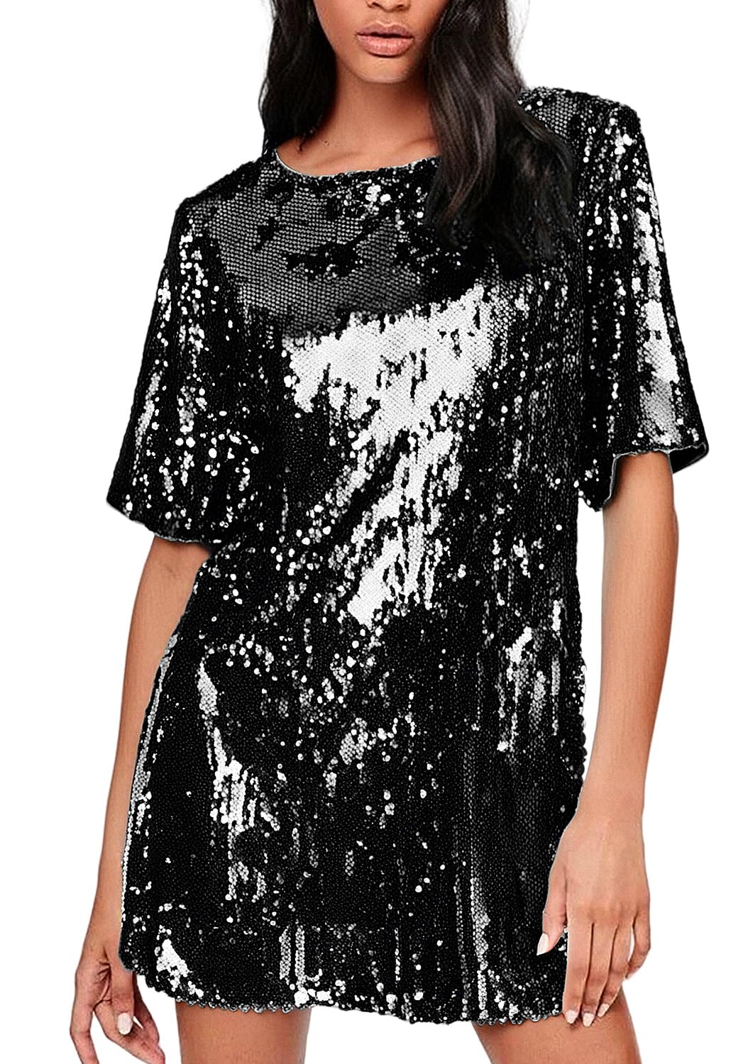 Women's Crew Neck Sequin Dress for Women Sexy V Neck Shirt Dress Sparkly Half Sleeve Loose Party Club Cocktail Dress