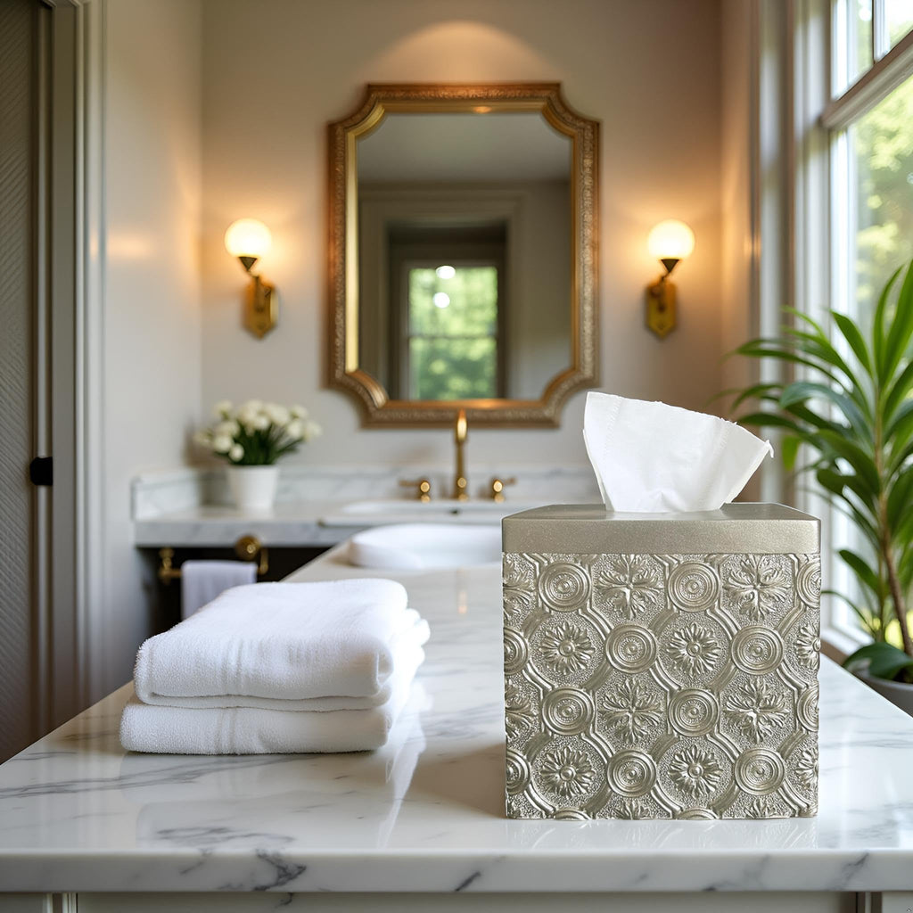 Hymmah Square Tissue Box Cover Holder with Tray,Unique Cube Design Tissue Dispenser Cover Decor for Vanity Counter Tops Also Great for Bedroom and Living Room