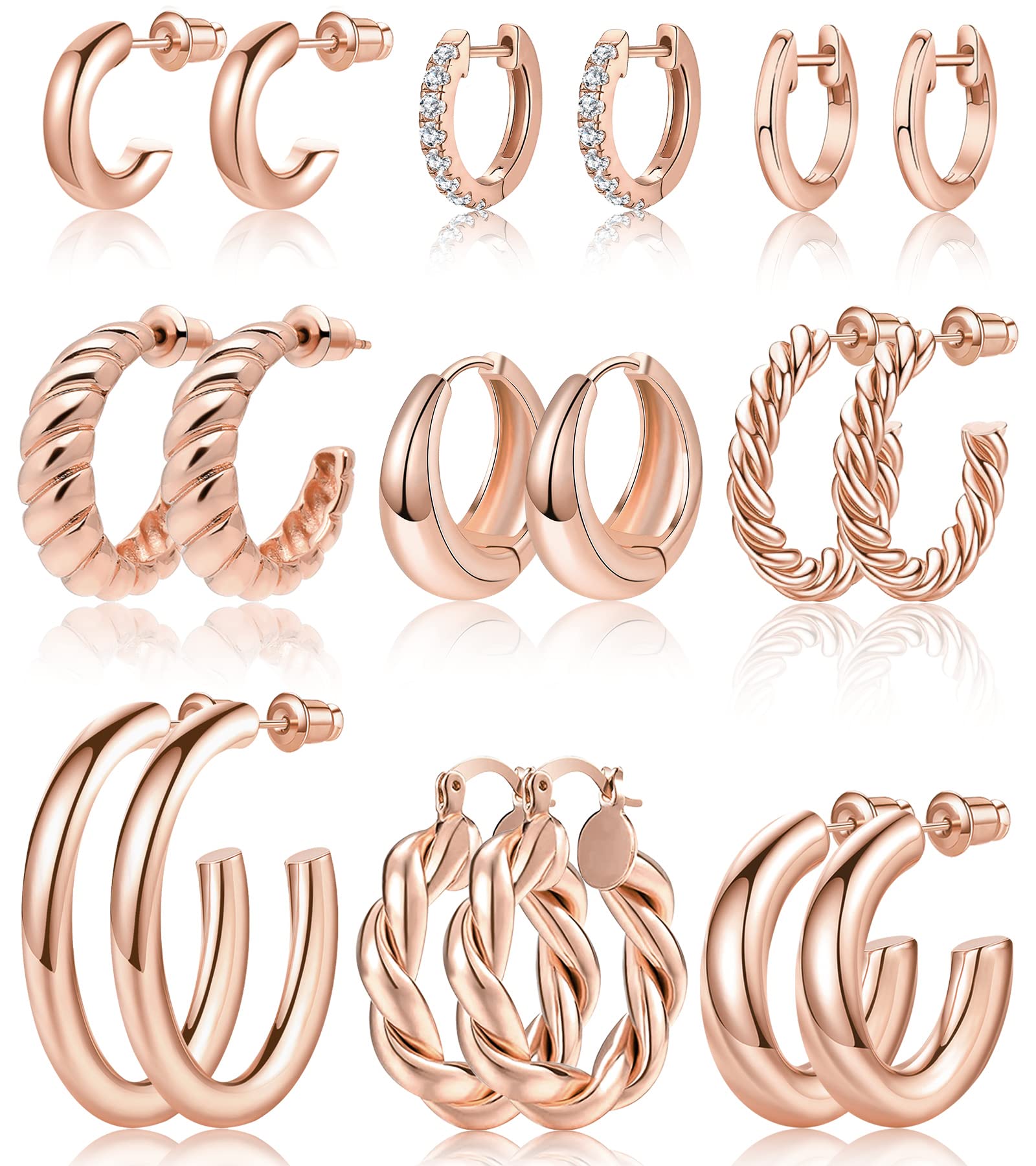 Adoyi 9 Pairs Gold Hoop Earrings Set for Womens Twisted Huggie Hoops Earrings 14K 18K Gold Plated for Girls Valentines Mother's Day Birthday Gifts Lightweight