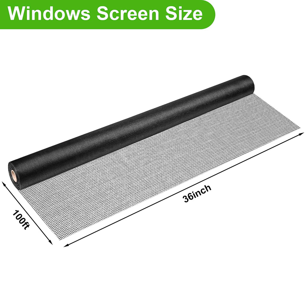Ouskr Replacement Window Screens Roll, 36 inch x 100 feet Durable Window Screen Mesh for Patio Porch Door Windows, DIY Adjustable Fiberglass Window Screen Repair Kit Sliding Net Pet, Black