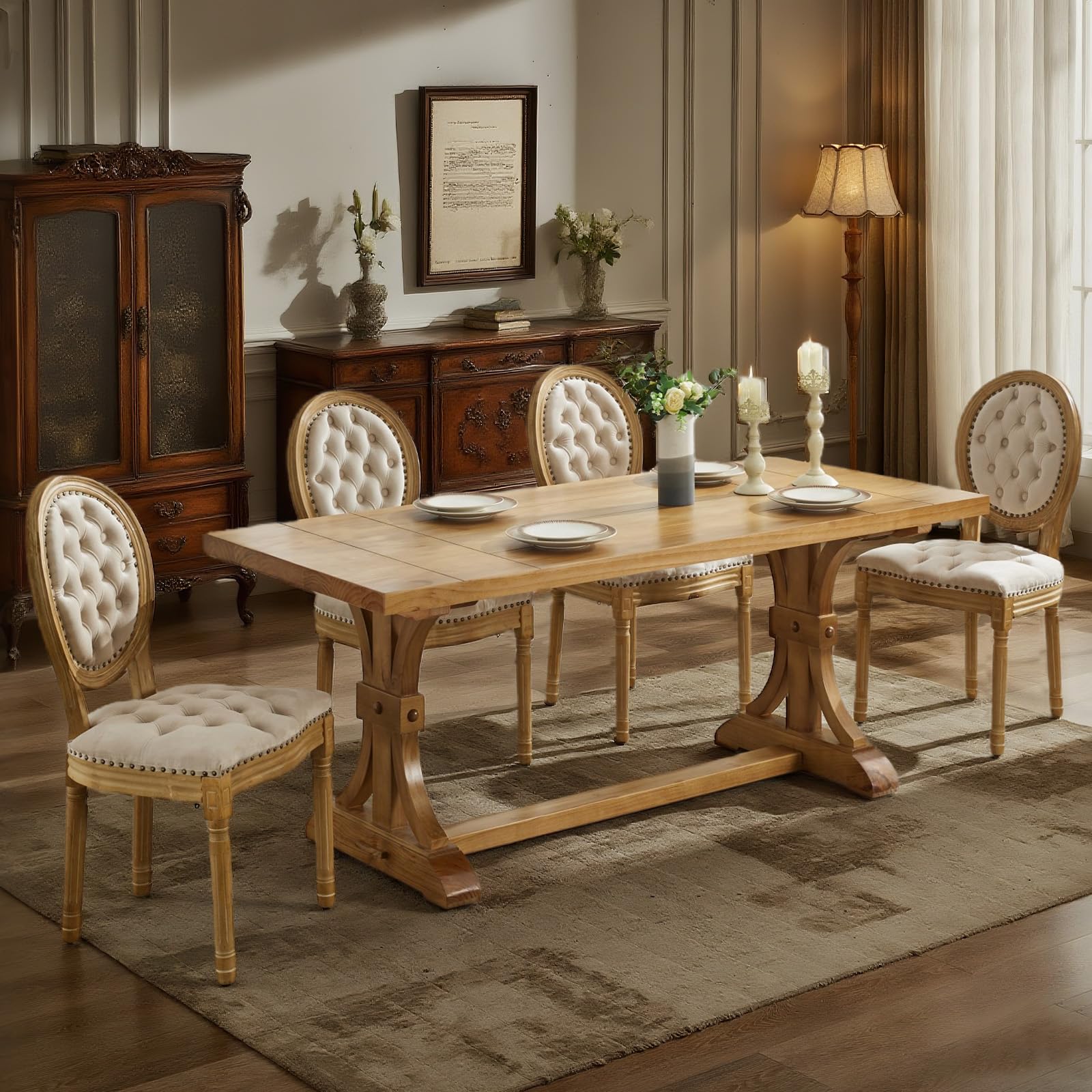 SoarFlash Linen French Dining Chairs Set of 2, Vantage Dining Chair with Round Back, Wood Leg Farmhouse Country Dining Chair for Living Room,Kitchen,Bedroom,Beige