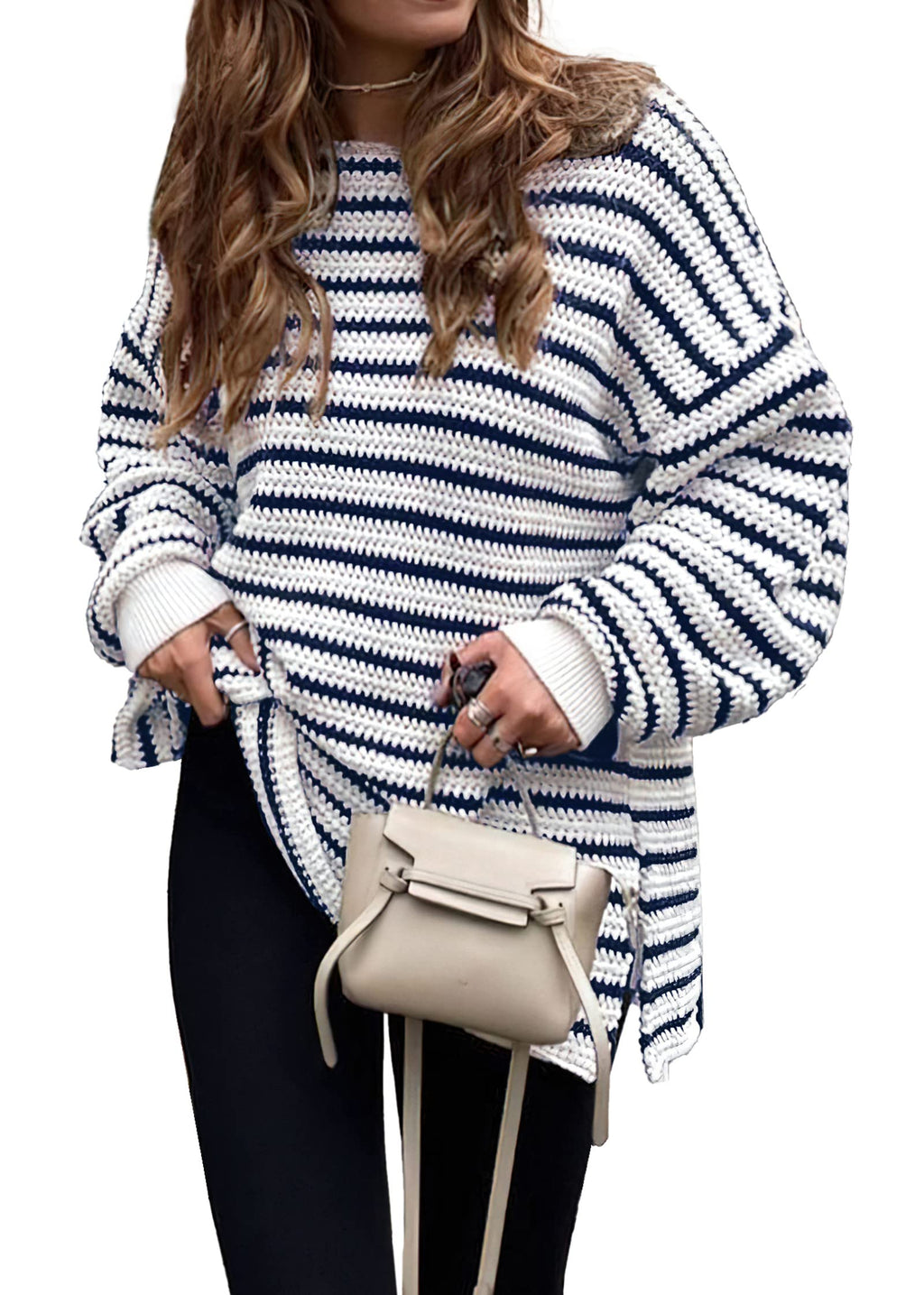 KIRUNDO Women's 2026 Fall Winter Oversized Long Sleeve Striped Sweater Casual Crewneck Side Split Pullover Knit Tops