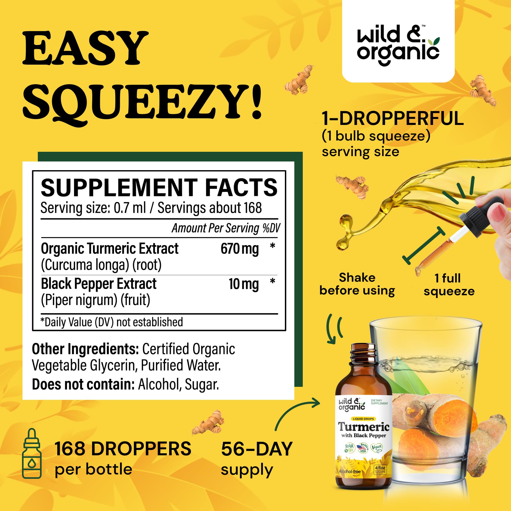 Wild & Organic Turmeric Curcumin Supplement with Black Pepper - Movement & Immune Support - Liquid Turmeric Curcumin with Black Pepper - Add to Tea Drops - Vegan, Sugar & Alcohol-Free Tincture - 2 oz