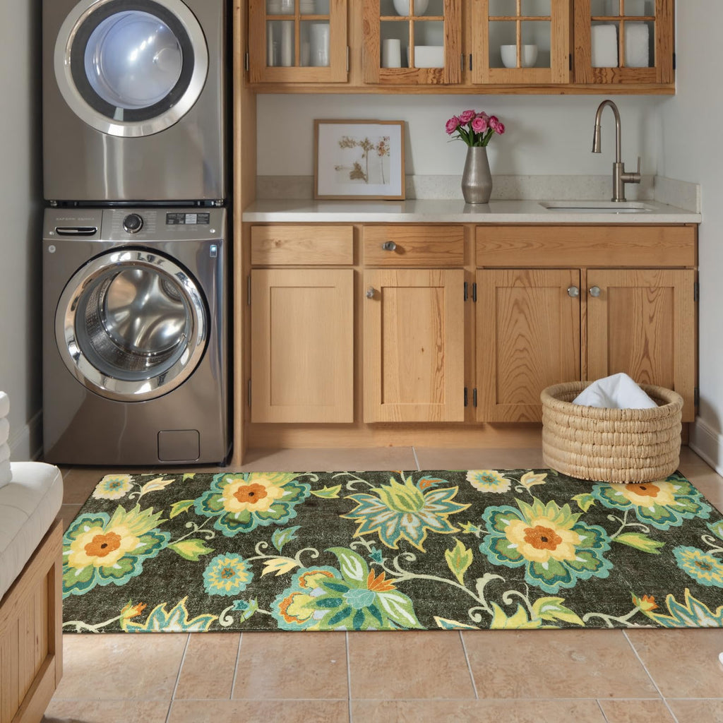 Lahome Floral Washable Area Rugs - 2x3 Non-Slip Small Entryway Rug Indoor, Throw Stain Resistant Kitchen Rugs Soft Black Paisley Print Bathroom Mats DoorMat Carpet for Bedroom Laundry Living Room Sink