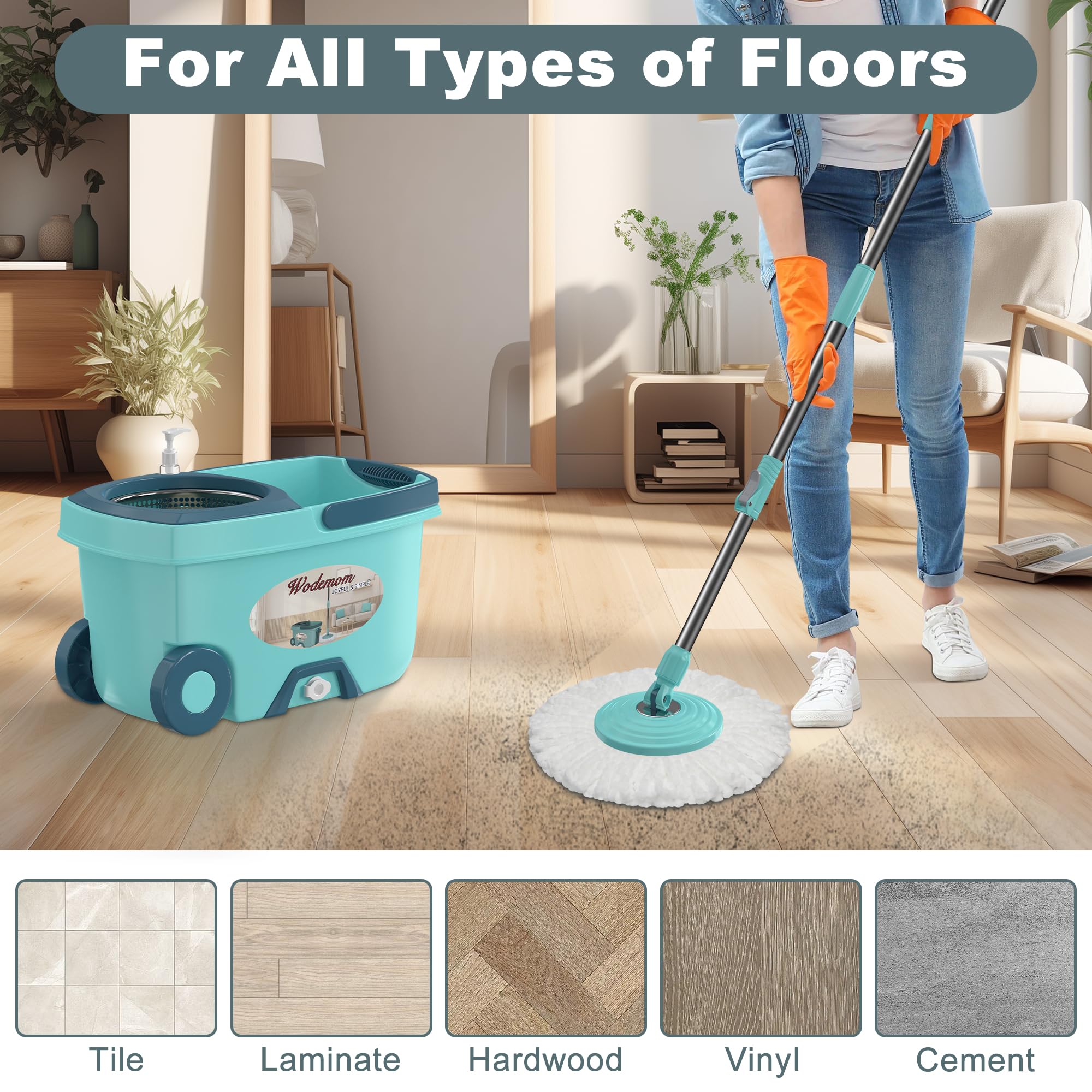 Dual Compartment Spin Mop and Bucket, Mop and Bucket with Wringer Set,360°Rotating Spinning Mopping for Floor Cleaning with 6 Microfiber Replacement Heads, 61" Extended Handle, 2X Wheel - Deep Green