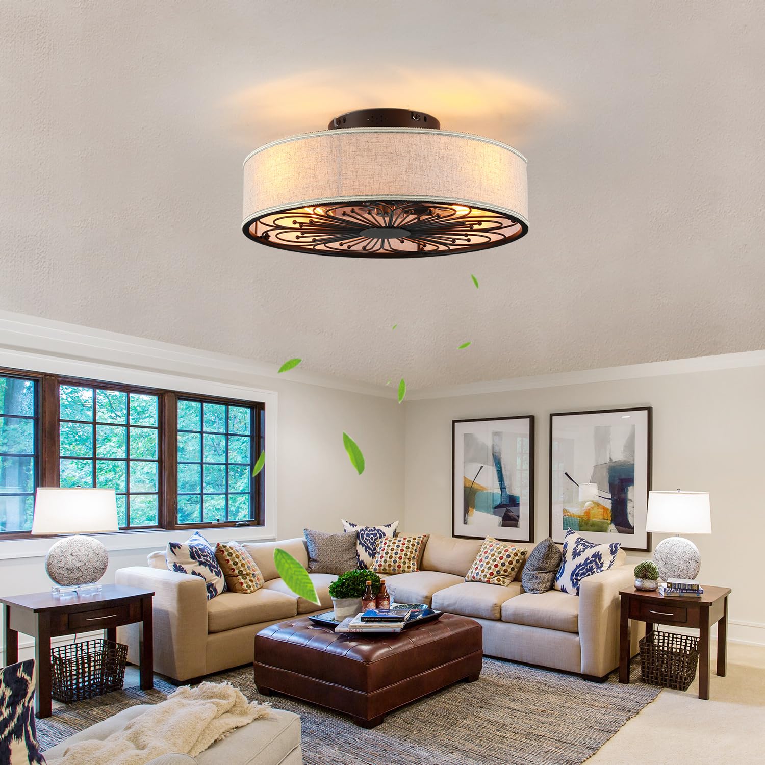 20" Boho Rattan Caged Ceiling Fan with Light,Low Profile Flush Mount Bladeless Ceiling Fan with Remote Control, 6 Speeds Reversible Silent Motor, Farmhouse Fabric Fandalier for Bedroom,Living Room