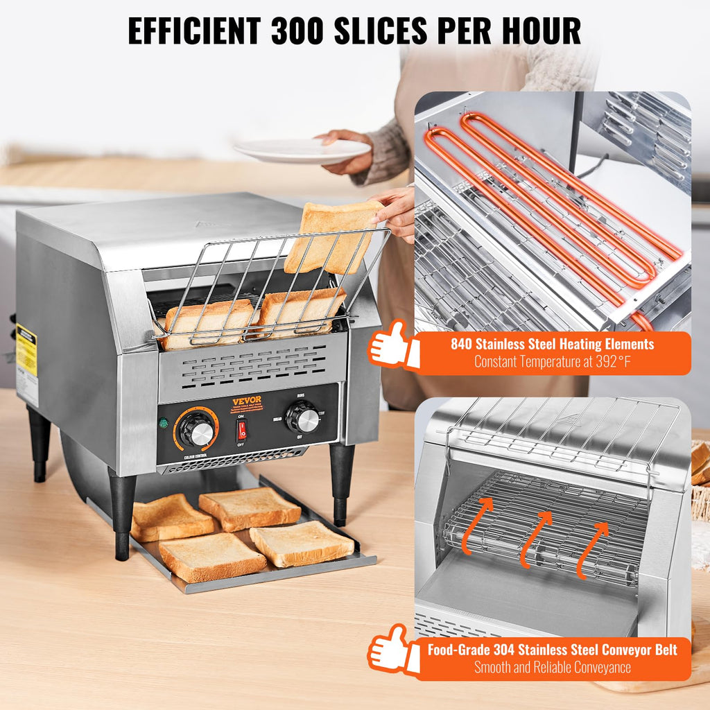 VEVOR Commercial Conveyor Toaster, 300 Slices/Hour, Heavy Duty Stainless Steel, Electric Restaurant Toaster for Toast, Bun, Bagel, Bread