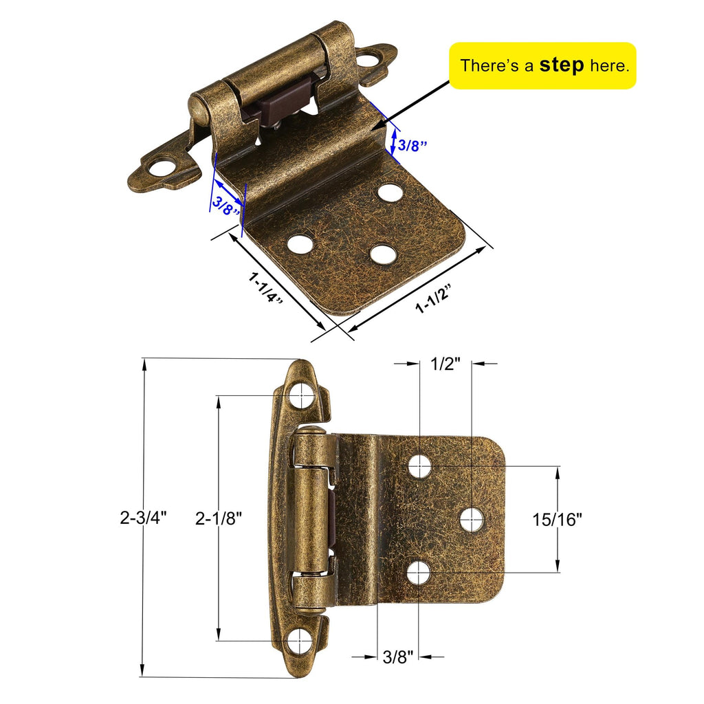4 Pack (2 Pairs) Antique Brass Self Closing Cabinet Hinges for Kitchen Cabinet Door, 1/2" Overlay (Variable) Semi Concealed Kitchen Cabinet Hinges