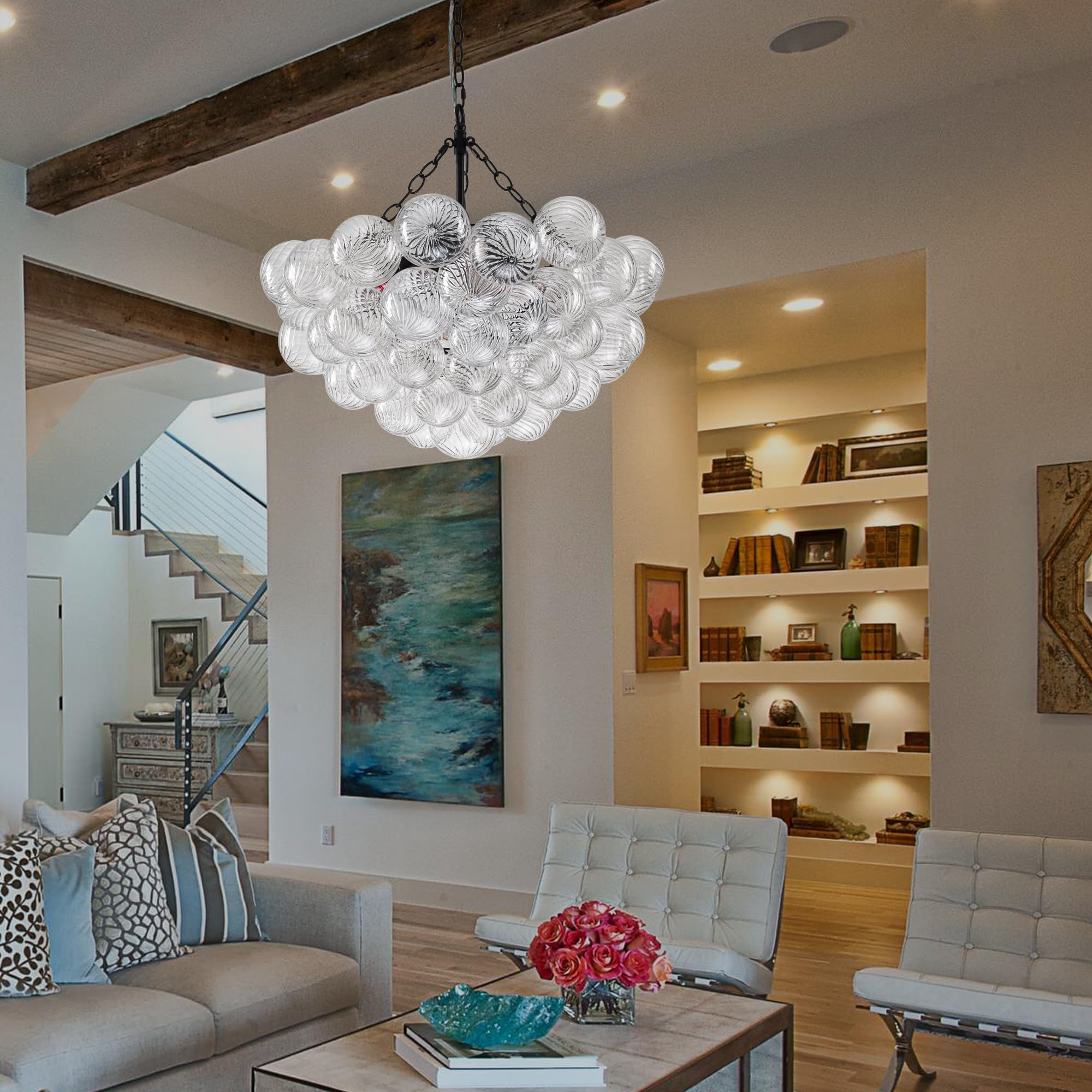 Longree Bubble Glass Ball Chandelier White 20" Dia Pendant Light | Swirled Glass Globe, for Dining Room Kitchen Bathroom Entry Bedroom