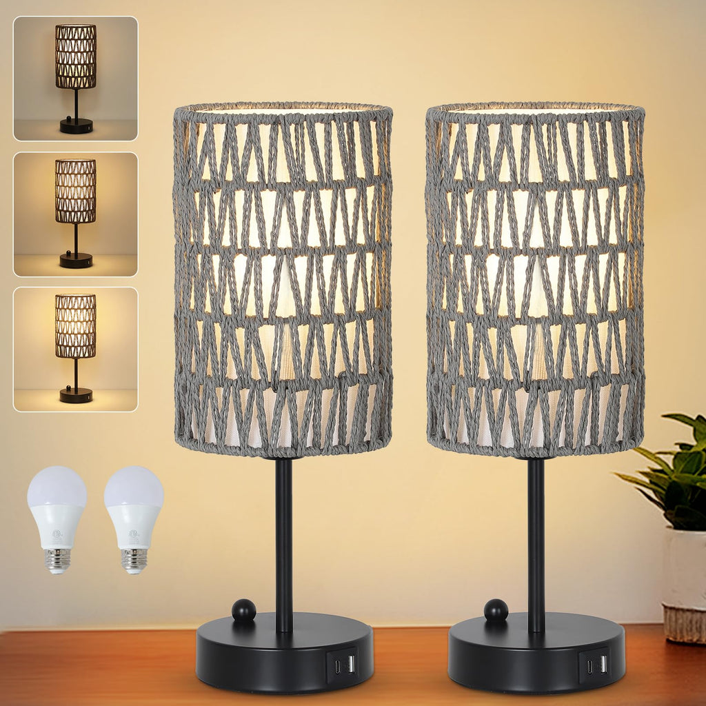 Rattan Bedside Table Lamps Set of 2 - Boho Lamps With 3 Color Temperatures & USB AC Port, Pull Chain Table Lamp For Bedroom, Cute Small Lamp For Nightstand Office Desk Bed Side End Table Living Room