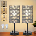 Rattan Bedside Table Lamps Set of 2 - Boho Lamps With 3 Color Temperatures & USB AC Port, Pull Chain Table Lamp For Bedroom, Cute Small Lamp For Nightstand Office Desk Bed Side End Table Living Room