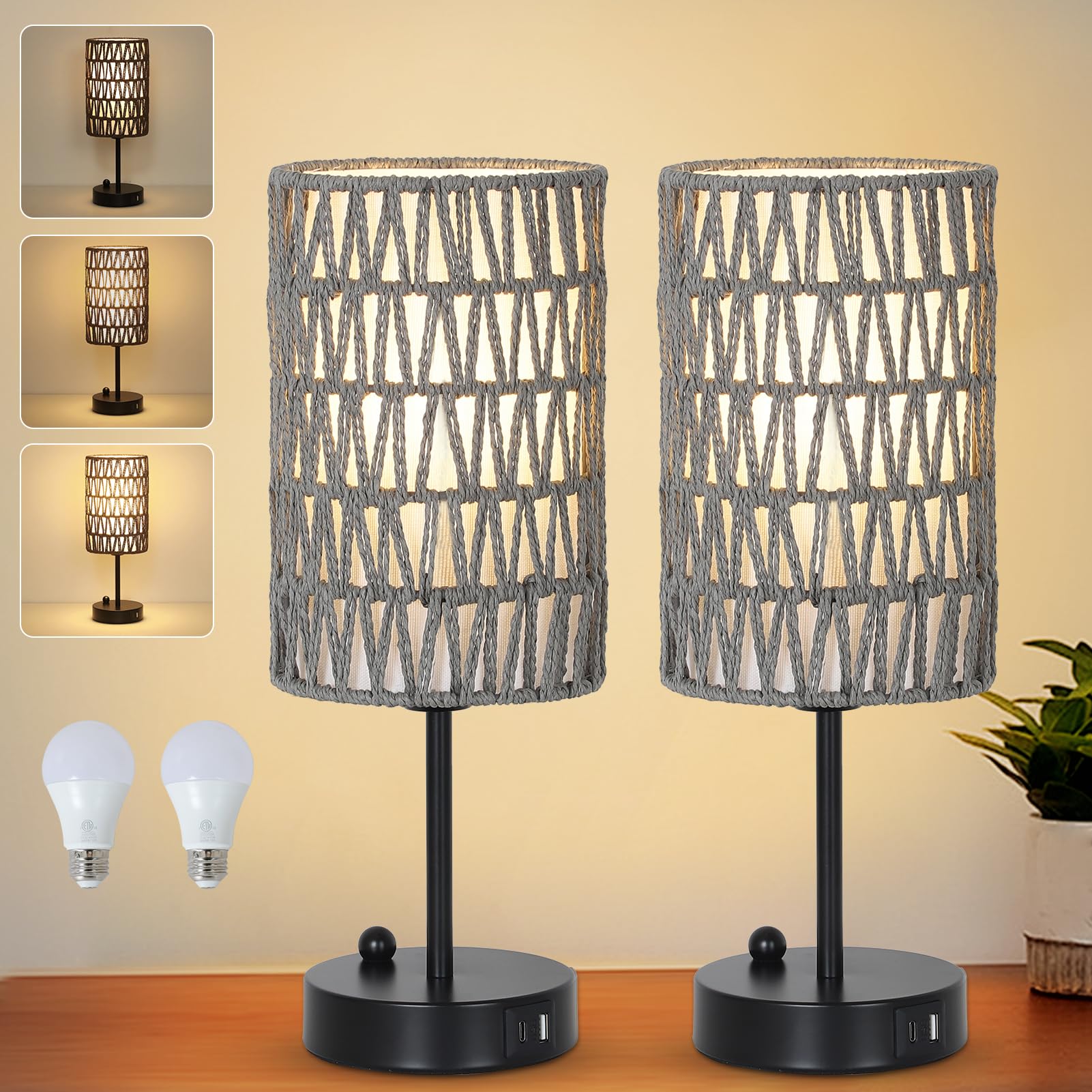 Rattan Bedside Table Lamps Set of 2 - Boho Lamps With 3 Color Temperatures & USB AC Port, Pull Chain Table Lamp For Bedroom, Cute Small Lamp For Nightstand Office Desk Bed Side End Table Living Room