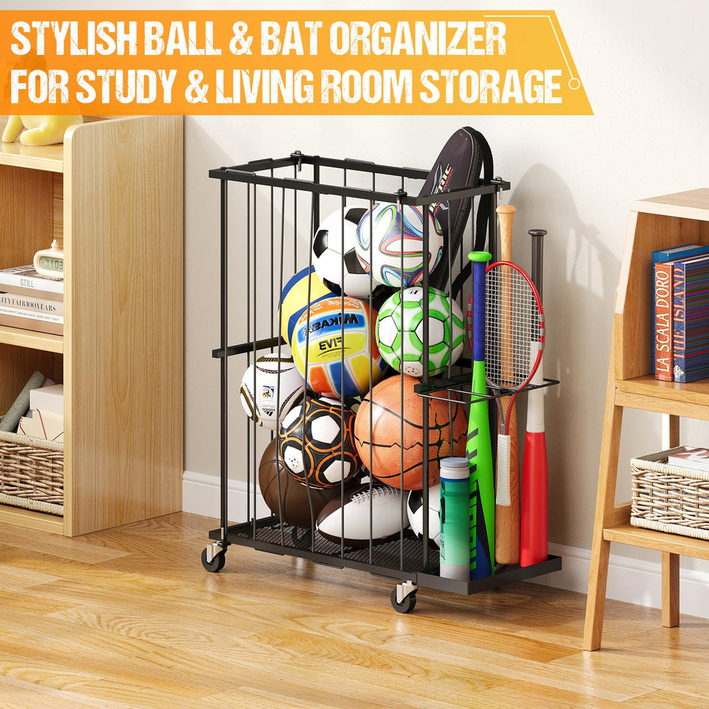 Hencawima Garage Ball Storage: Round Sports Equipment Organizer with Wheels, Sports Ball Rack With Elastic Rope, Ball Holder for Basketball, Soccer, Volleyball, Football, Garage, Gym, Outdoor (Black)