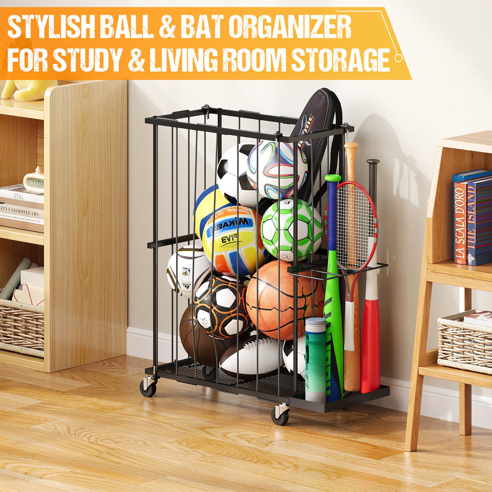 Hencawima Garage Ball Storage: Round Sports Equipment Organizer with Wheels, Sports Ball Rack With Elastic Rope, Ball Holder for Basketball, Soccer, Volleyball, Football, Garage, Gym, Outdoor (Black)
