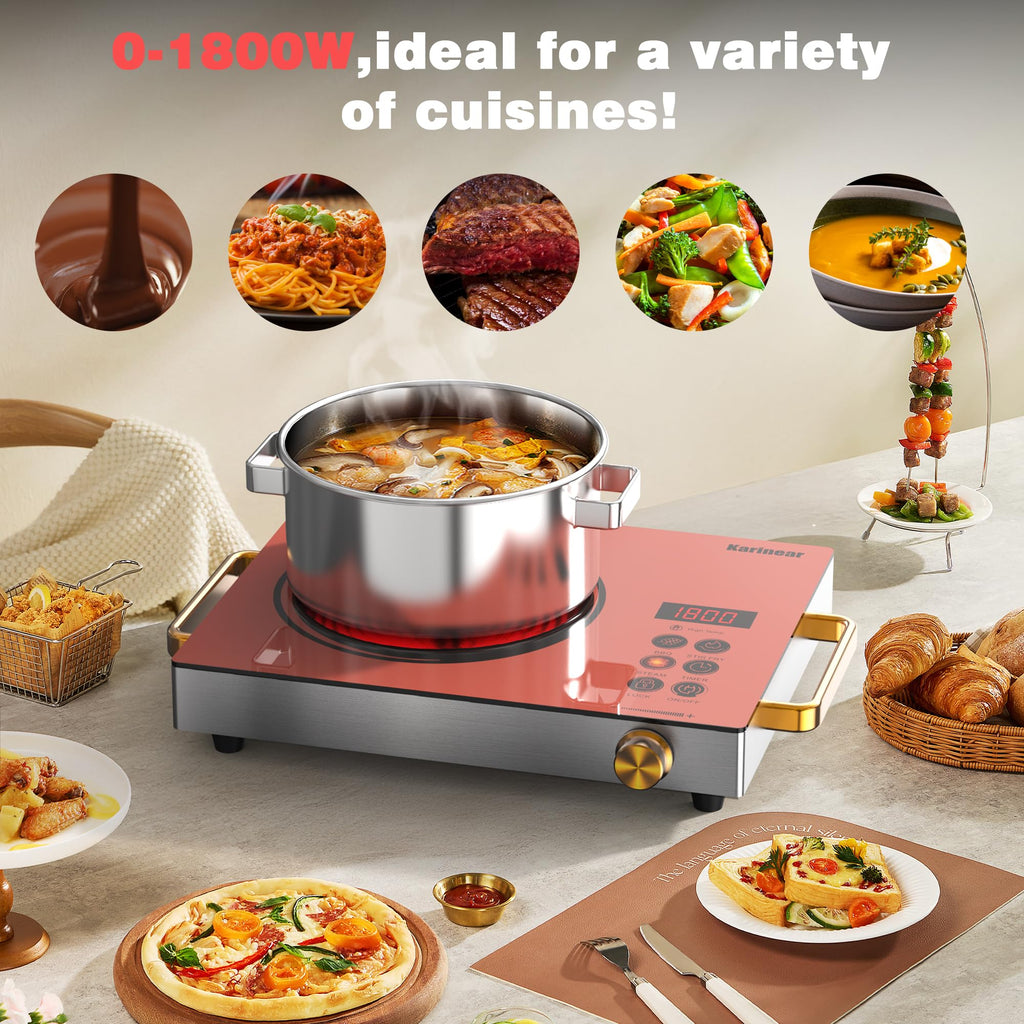 Karinear Portable Electric Stove 110V, 1800W Electric Hot Plate with Handle, Knob Control Single Burner Electri Cooktop, Ceramic Infrared Countertop Burner, Timer, Safety Lock(Green)