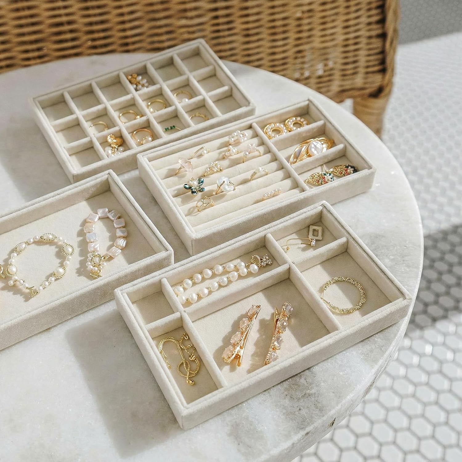 Elsjoy 8 Pack Velvet Jewelry Trays, Stackable Jewelry Organizer Trays for Drawers, Beige Jewelry Storage and Display Tray Inserts for Necklaces, Rings, Earrings