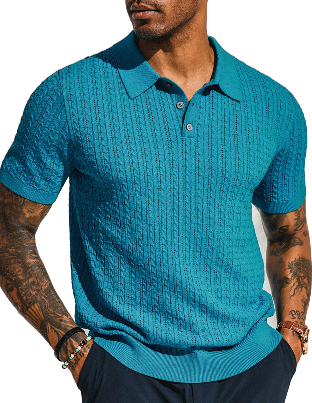 PJ PAUL JONES Mens Knit Polo Shirt Short Sleeve Hollow Out Knit Shirt Texture Knitted Polo