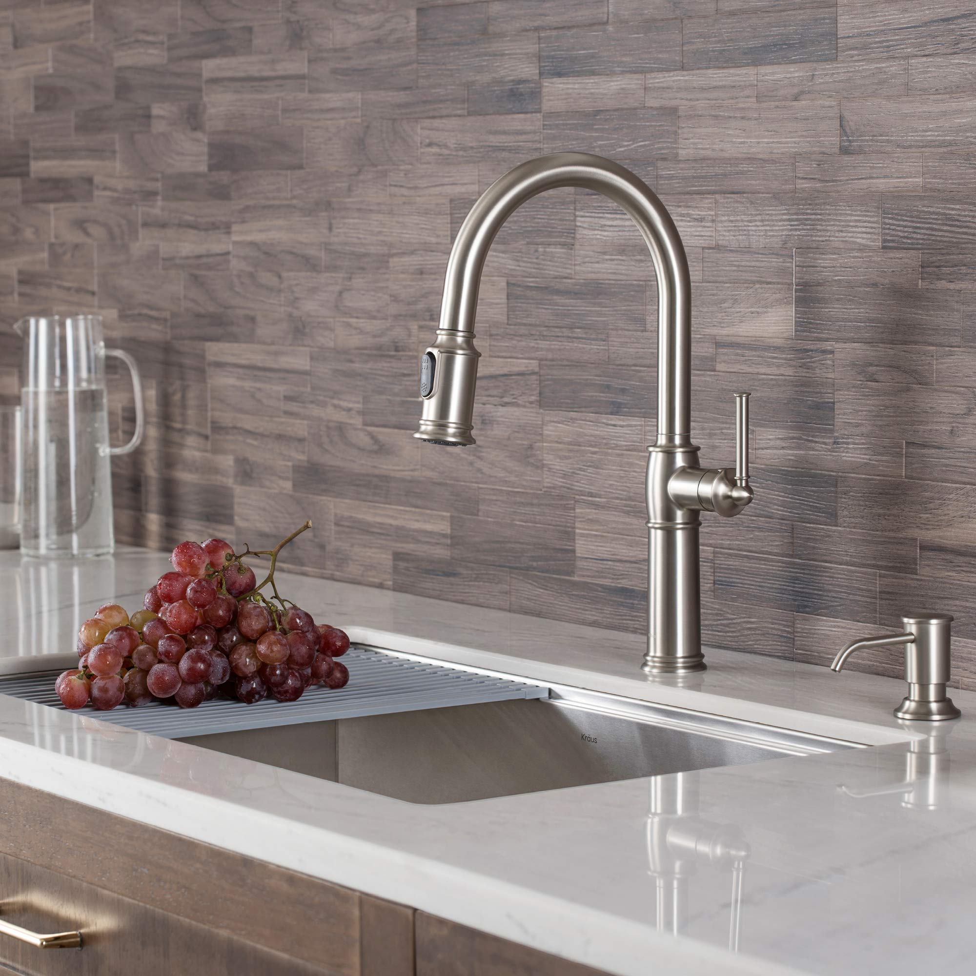 KRAUS Allyn Transitional Bridge Kitchen Faucet with Pull-Down Sprayhead in Brushed Gold, KPF-3121BG
