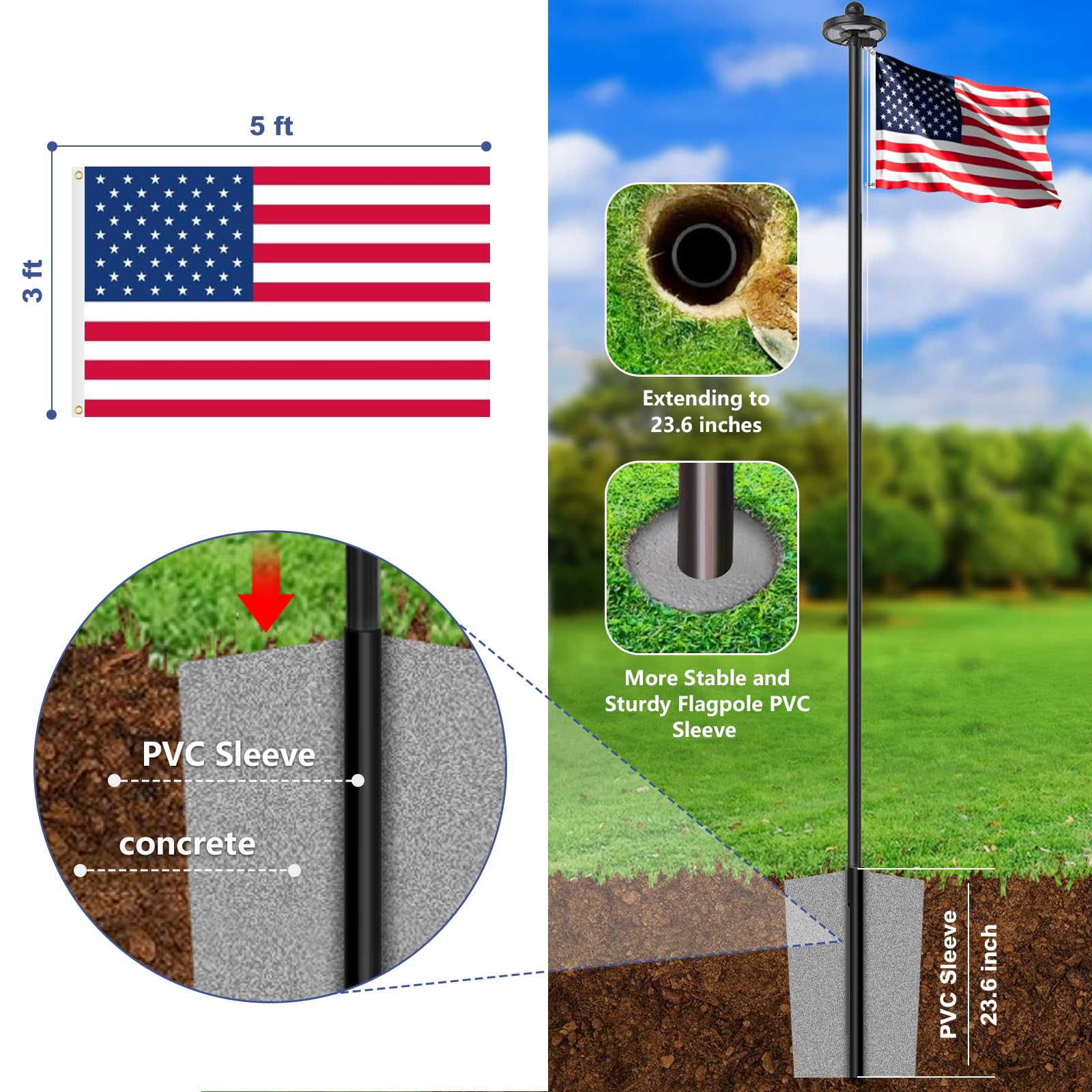 Upgraded 10 Gauge 20FT Heavy Duty Flag Pole Kit with 136 LED Solar Light, Extra Thick Flagpole for Outside House in Ground, Bottom 3 mm Thick & Width 3.35 in, 120MPH Wind Rated