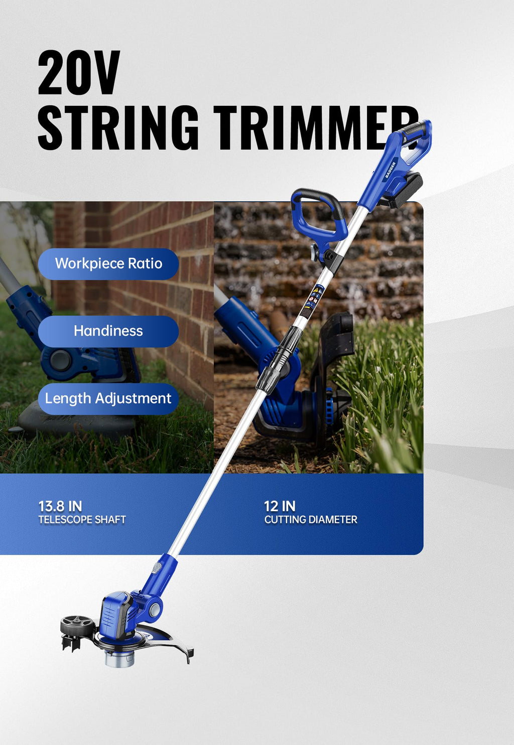 Wild Badger Power 20V Weed Wacker, Leaf Blower, Wheeled Edger Kit Electric with 2 * 2Ah Battery & Charger, String Trimmer, Lightweight, Adjustable Telescopic Shaft, Fast-Charging