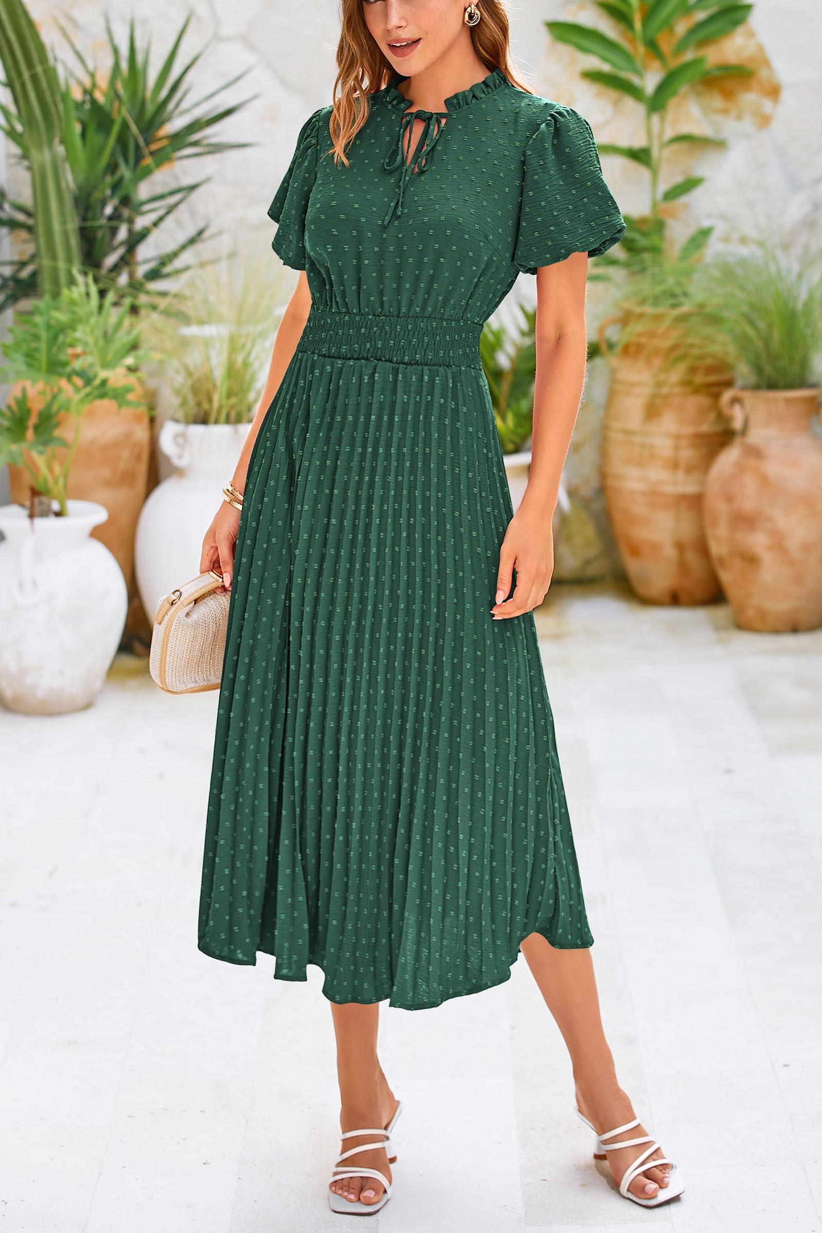 PRETTYGARDEN Womens Summer Midi Dresses Puff Short Sleeve V Neck Swiss Dot Pleated A Line Flowy Long Wedding Guest Dress