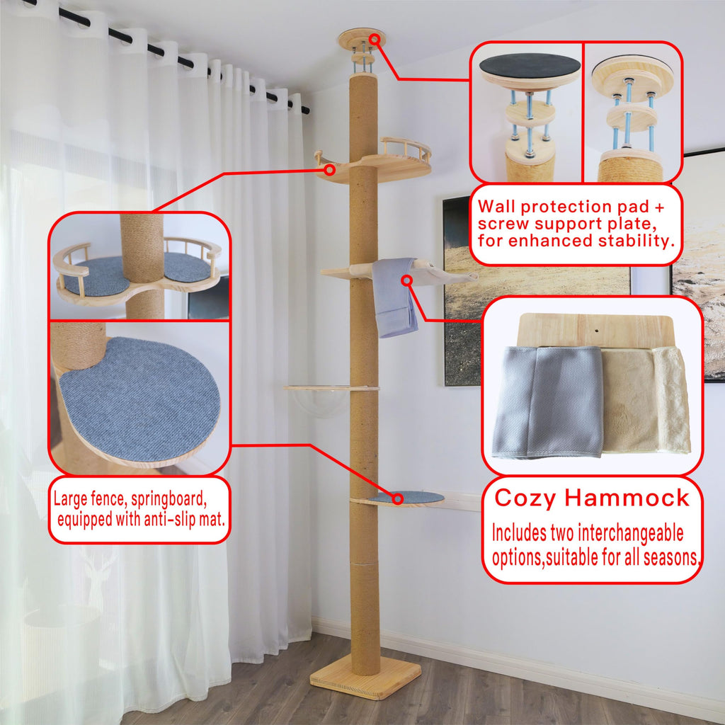 Floor-to-Ceiling Cat Tree with Natural Sisal Rope Scratching Post - Adjustable Height (55-119 Inches) - Modern Cat Activity Tree, Cat Scratcher Post