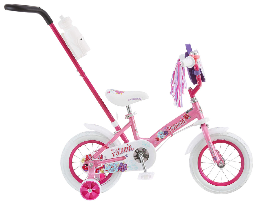 Schwinn Petunia and Grit Bike, Bike for Kids Ages 2-4, Steerable Beginner Bicycle with Training Wheels, Parent Push Handle, Rear Coaster Brake, Adjustable Seat