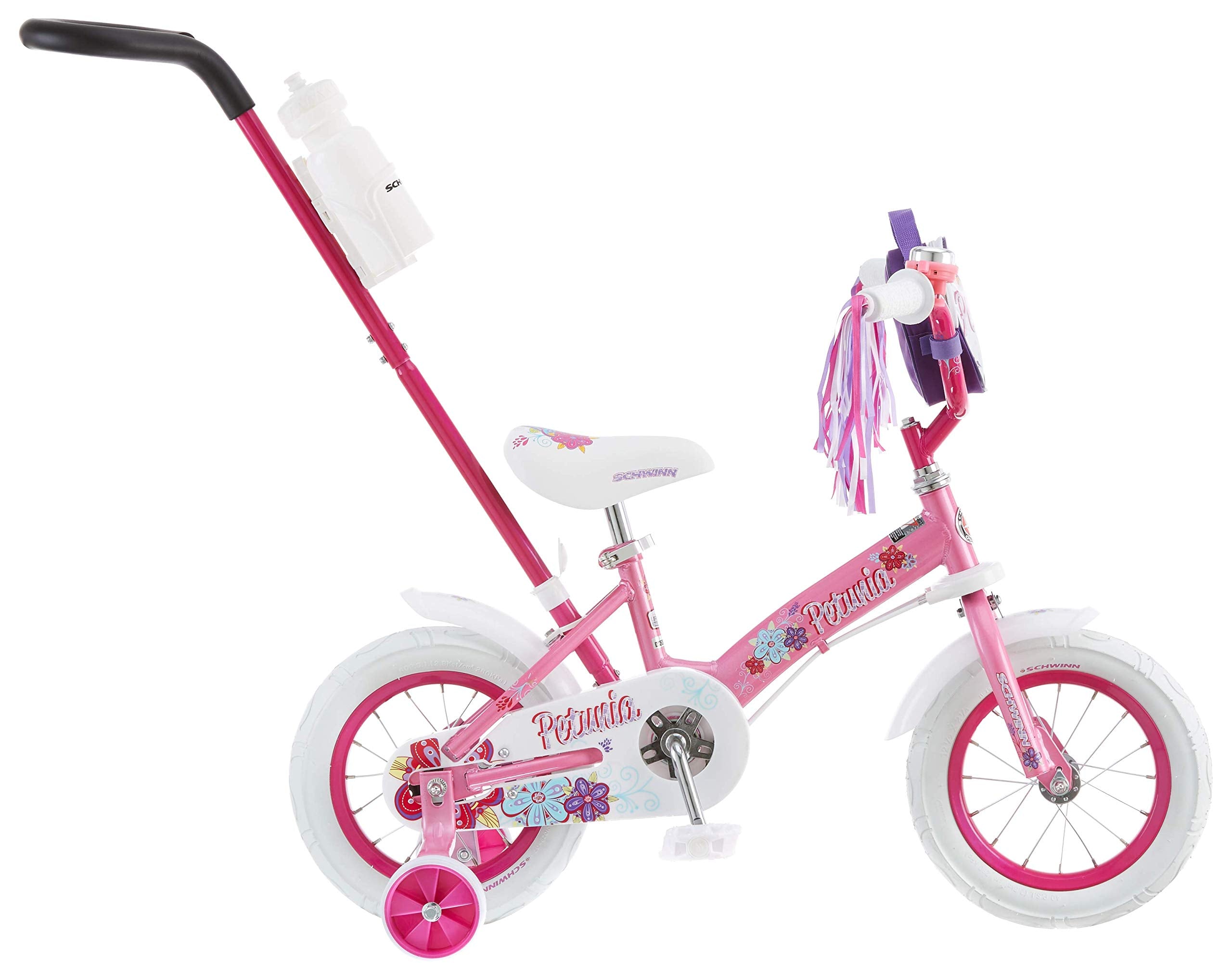 Schwinn Petunia and Grit Bike, Bike for Kids Ages 2-4, Steerable Beginner Bicycle with Training Wheels, Parent Push Handle, Rear Coaster Brake, Adjustable Seat