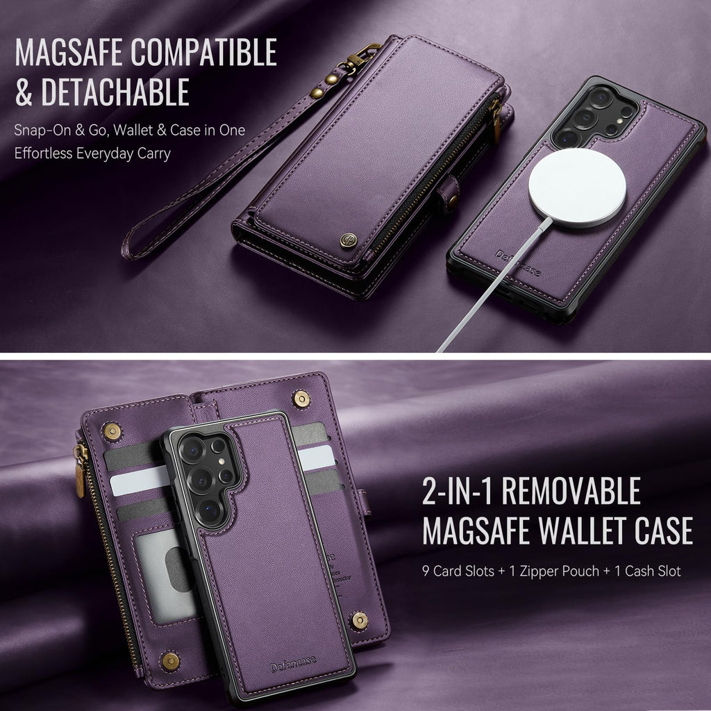 Defencase for Samsung Galaxy S25 Ultra Magnetic Wallet Case Compatible with Magsafe with RFID Blocking Zipper & Card Holder Women, PU Leather Detachable Phone Case for Galaxy S25 Ultra 6.9", Black
