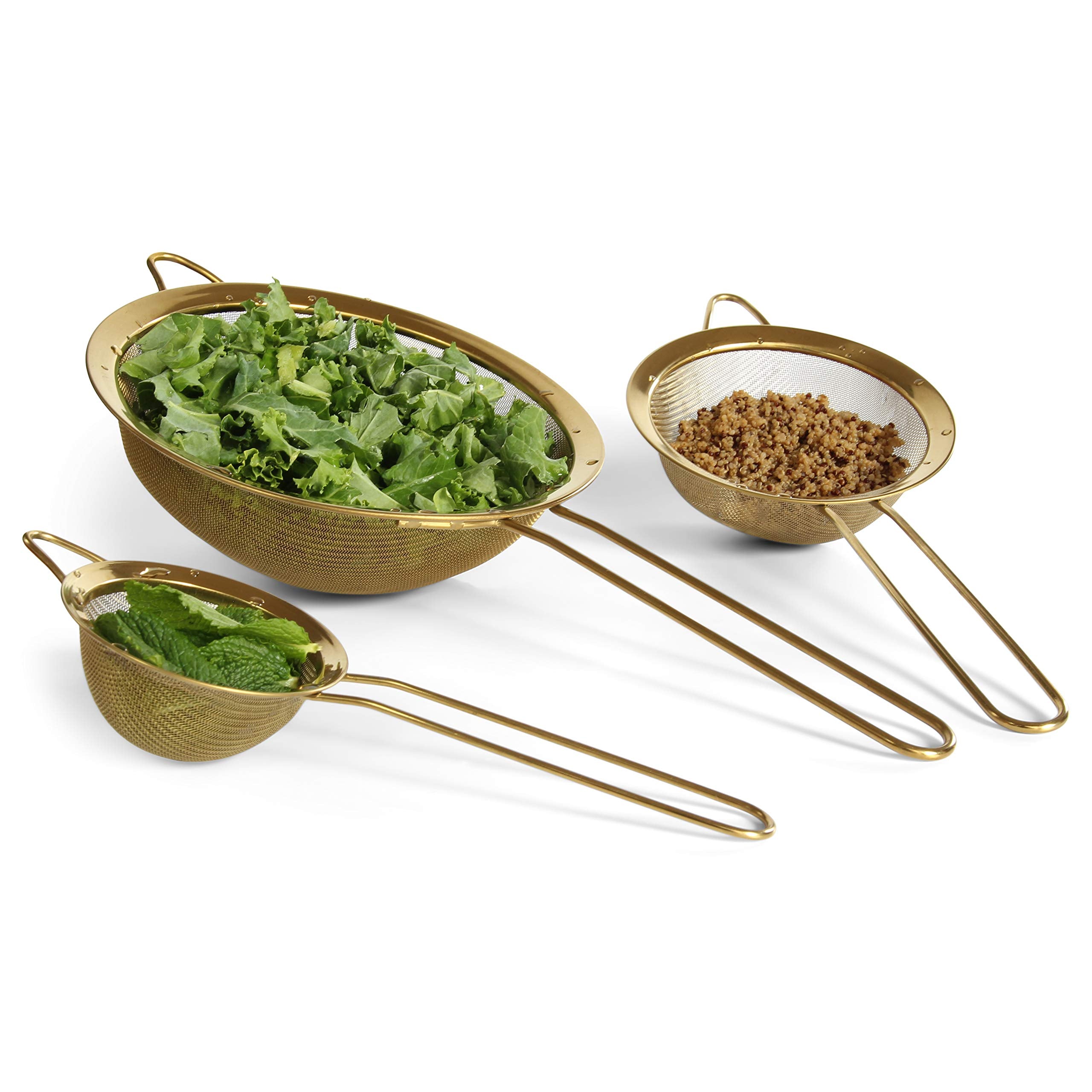 Strainer Set Fine Mesh – Premium 304 Stainless Steel (18/8) – 8″, 5.5″ and 3.3″ Sturdy Kitchen Strainers (Copper)