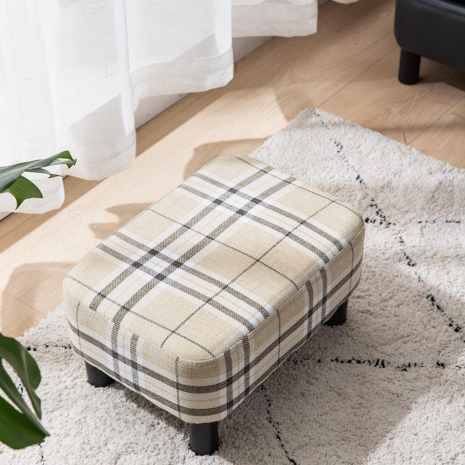 IBUYKE 16.54" Small Footstool, PU Faux Leather Step Stool, with Padded Seat Pine Wood Legs and Padded Rectangular Stool, for Bedroom, Black RF-BD210