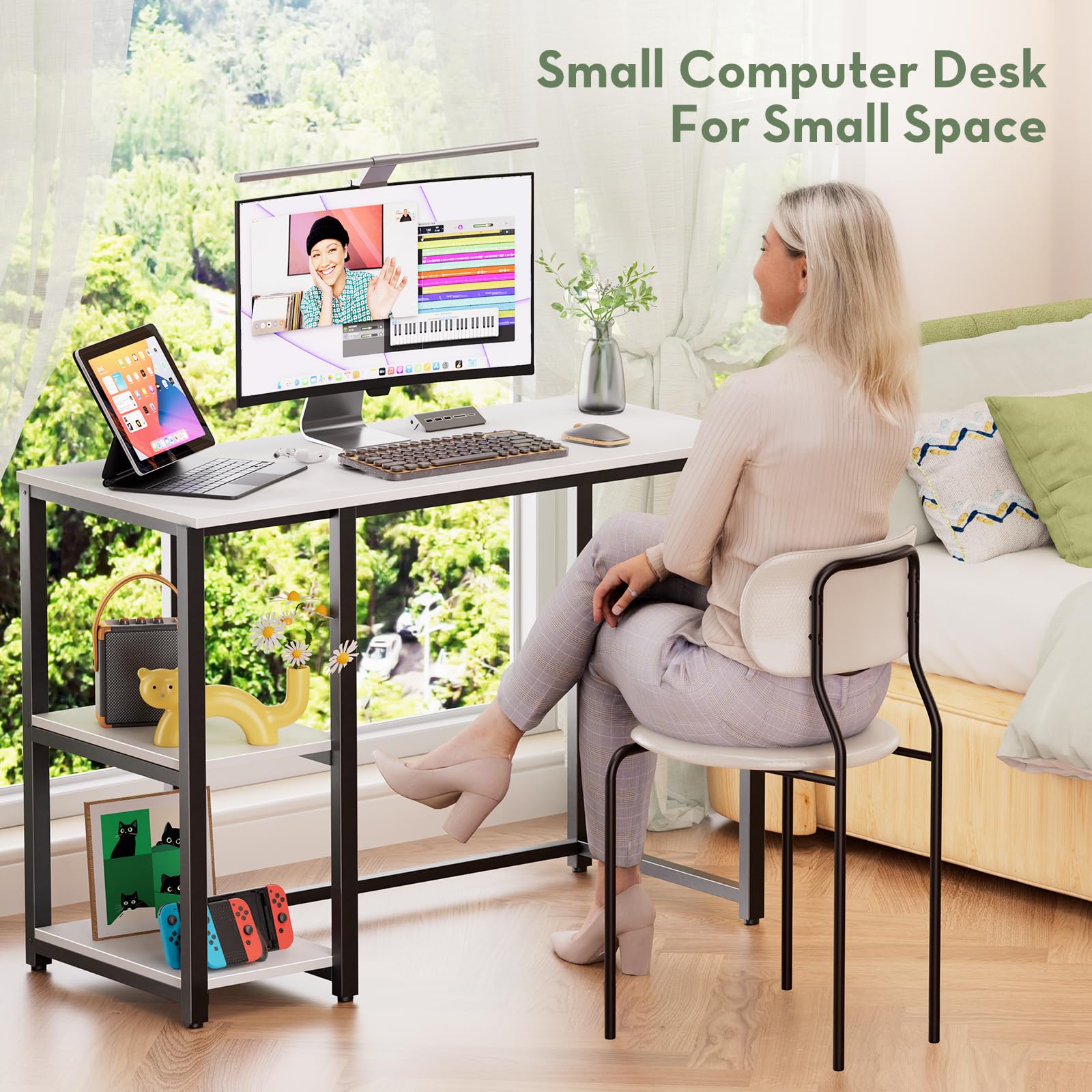 SINPAID 40 Inch Small Gaming Desk with Shelves for Small Spaces, Easy Assembly Study Desk, Sturdy Writing Desk for Bedroom & Home Office, Black