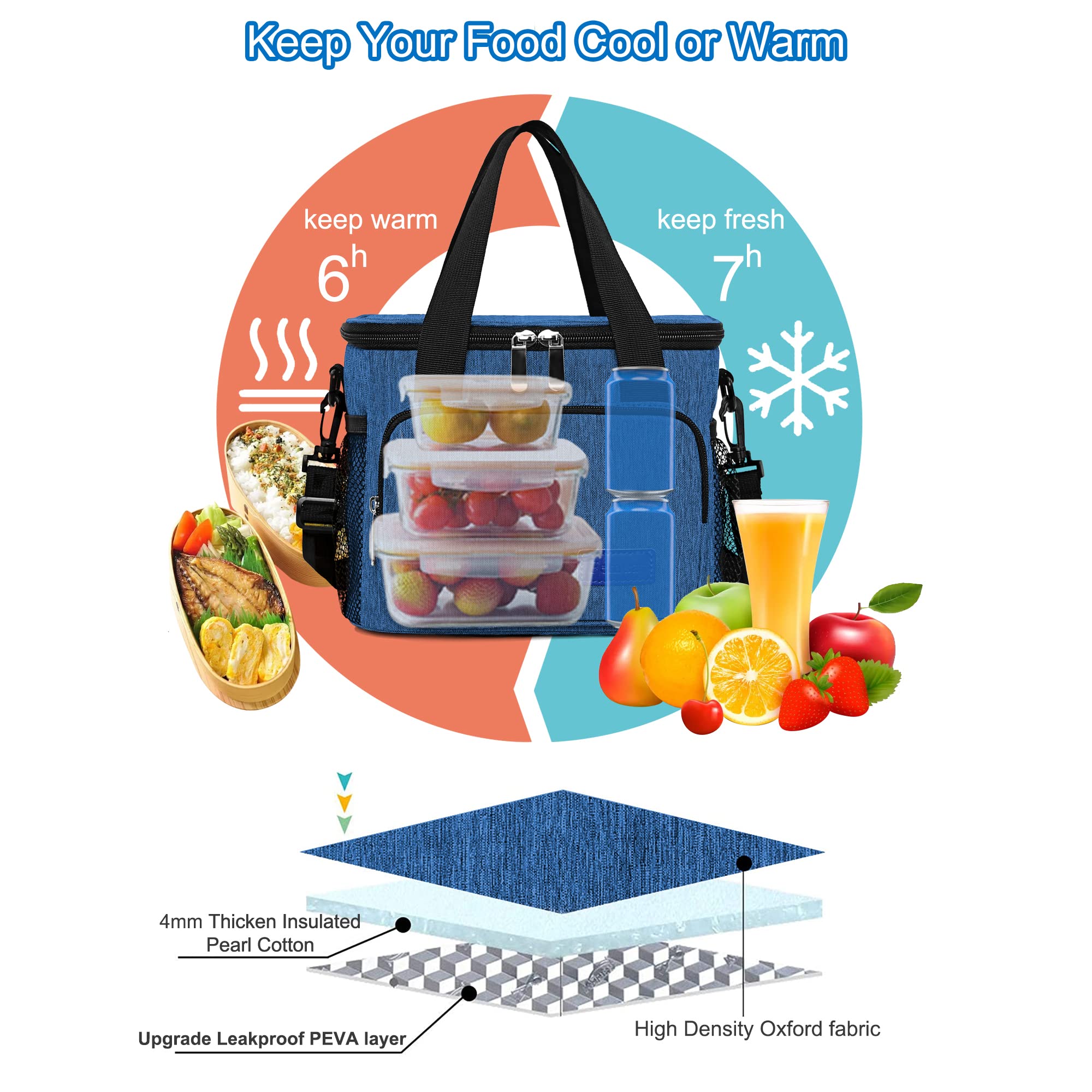 Femuar Lunch Bags for Women/Men, Insulated Lunch Bag for Work Office Picnic - Large Lunch Cooler Bag Leakproof Lunch Box with Adjustable Shoulder Strap for Adults - Grey (15L)
