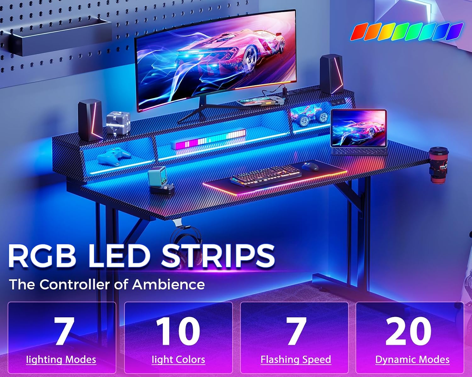 MOTPK 40 inch Gaming Desk with LED Lights & Power Outlets, Small Computer Gaming Table with Float Monitor Stand, Kids Boys Desk with Carbon Fiber Texture