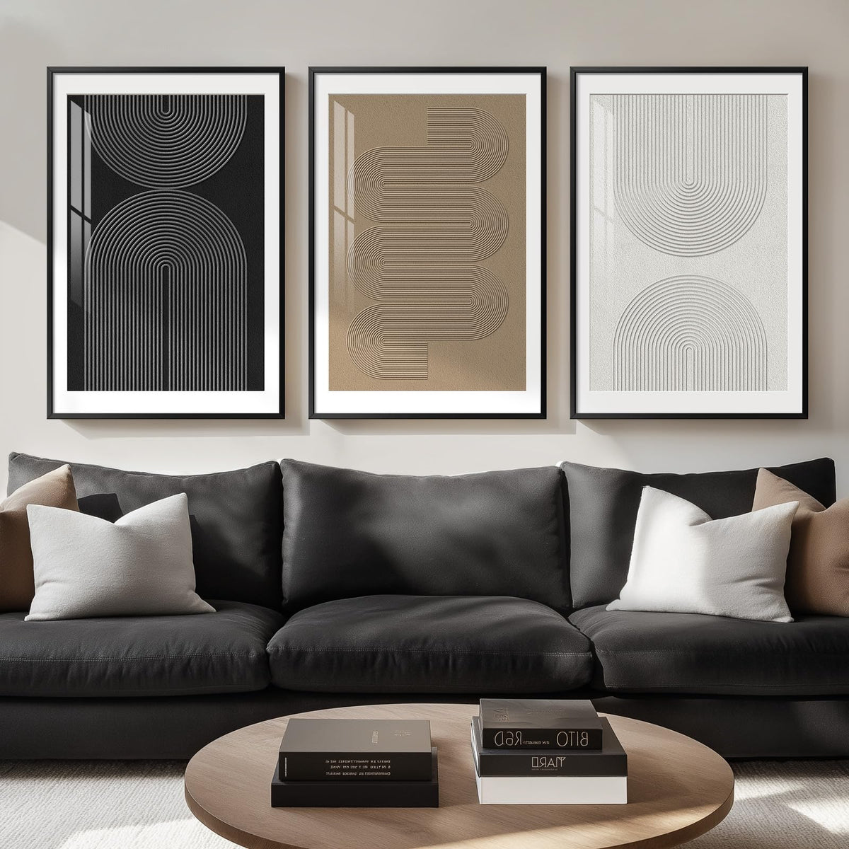 Framed Black and White Modern Abstract Wall Art, 3 Piece Canvas Prints Paintings Artwork for Walls, Minimalist Black White Grey Pictures for Living Room Dining Room Bedroom Office Wall Decor 16x24 In