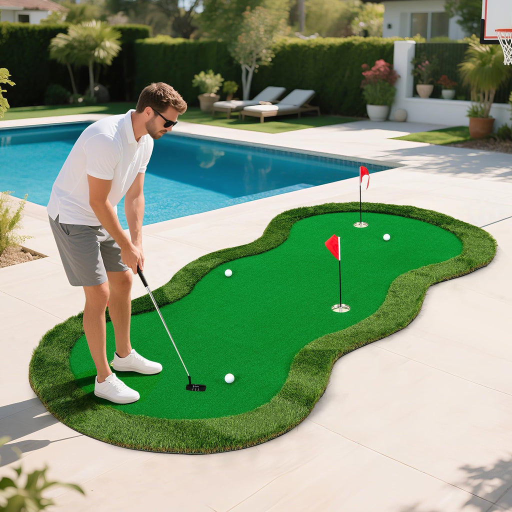 Tangkula 10 FT Golf Putting Green, Large Professional Golf Training Mat with Realistic Artificial Grass Turf, 3 Holes, 3 Flags and Cups for Indoor Outdoor Putting Practice