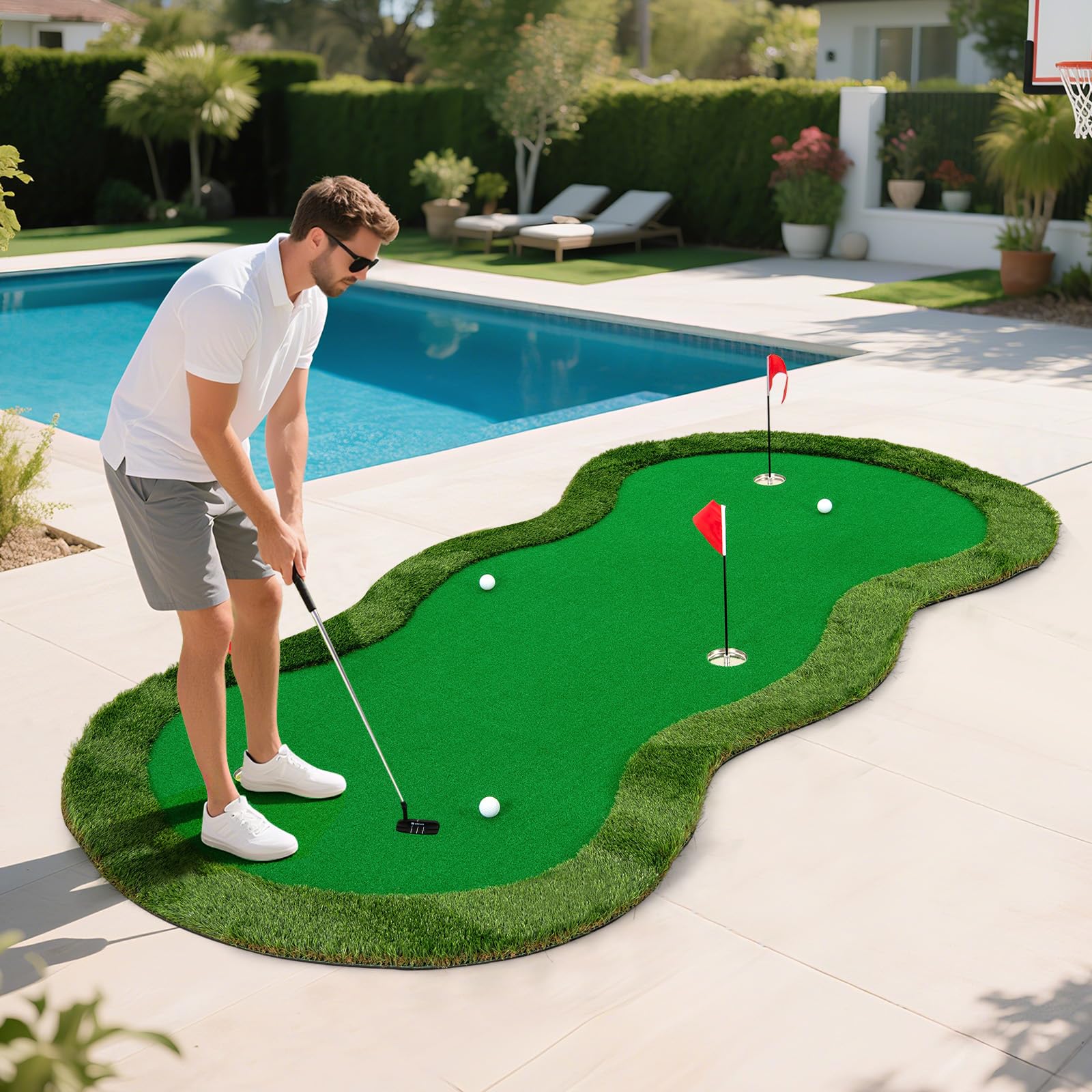 Tangkula 10 FT Golf Putting Green, Large Professional Golf Training Mat with Realistic Artificial Grass Turf, 3 Holes, 3 Flags and Cups for Indoor Outdoor Putting Practice