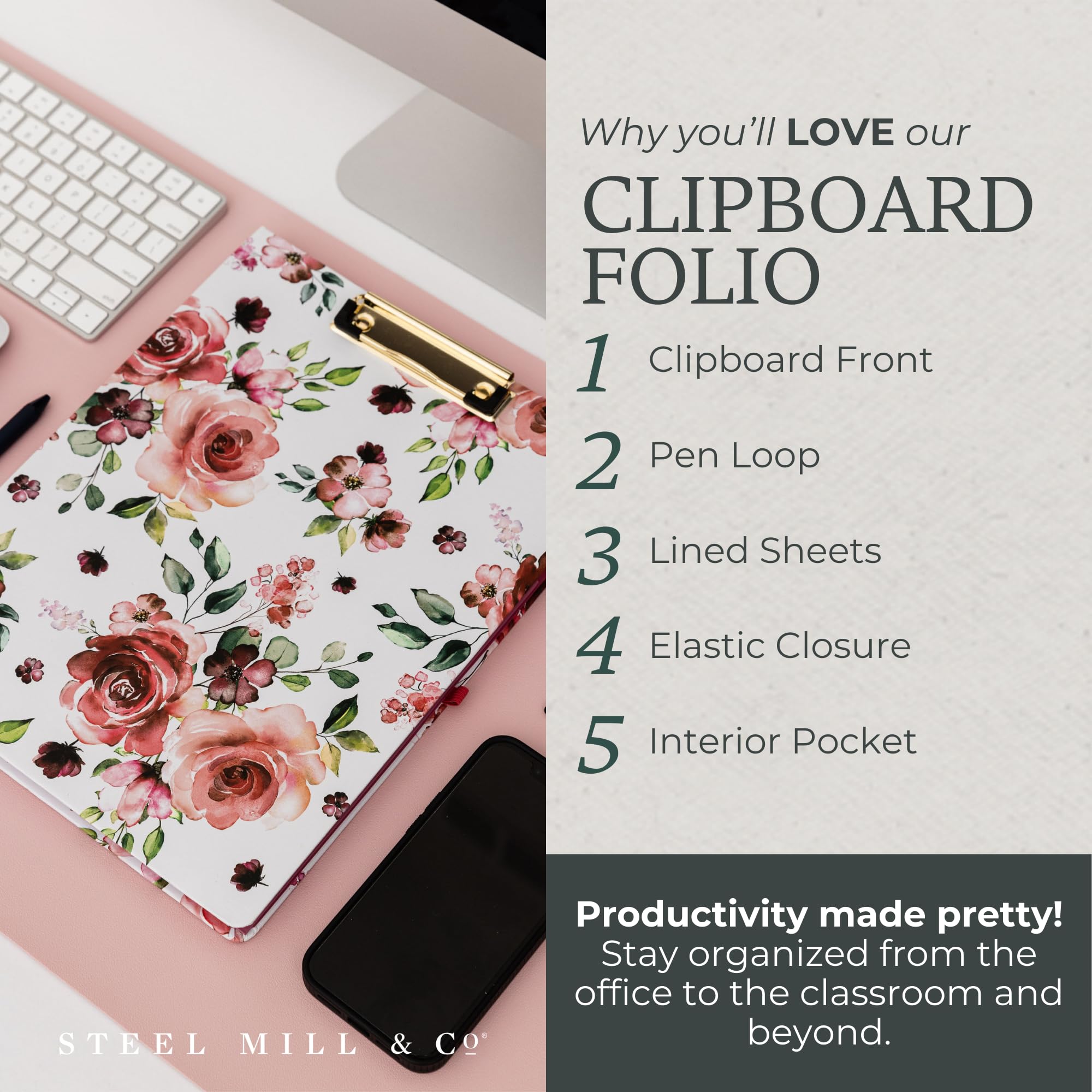 Steel Mill & Co Cute Clipboard Folio with Refillable Lined Notepad and Interior Storage Pocket, Black and White Padfolio for Work, Black Dots