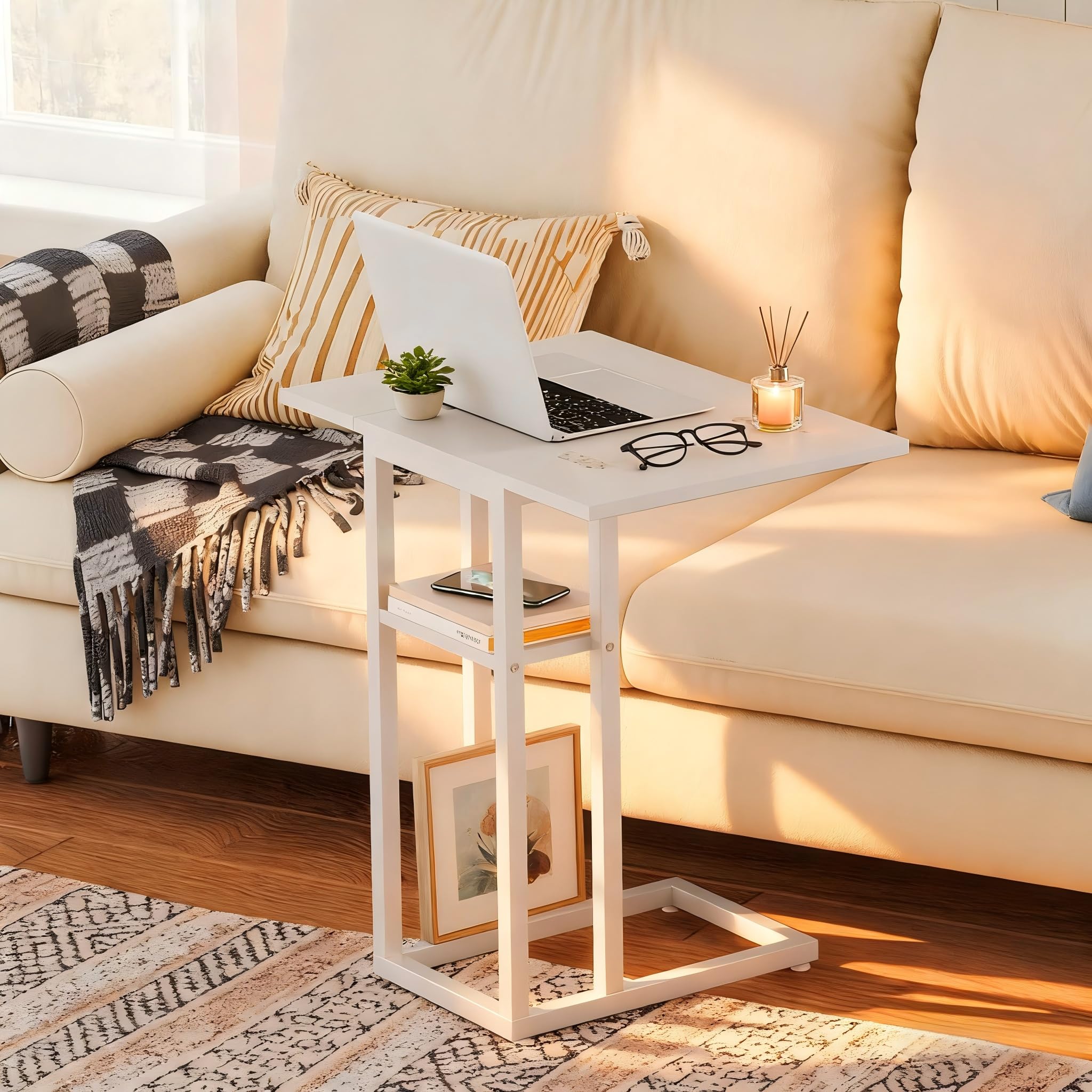 HOOBRO Foldable C Shaped End Table, C Shaped Side Table with Storage Shelf, Small Snack Table, Slide Under Couch Table for Sofa, Living Room Bedroom Small Spaces Easy Assembly, Black BK29SF01