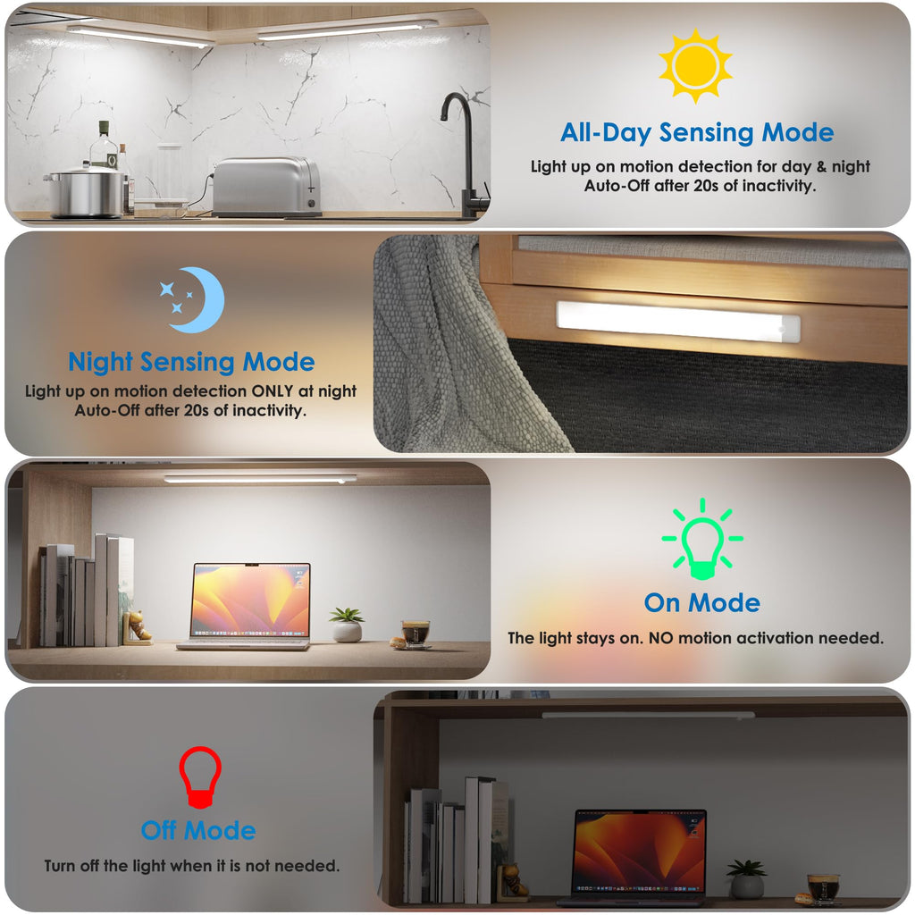 Motion Sensor Under Cabinet Lights, Magnetic Rechargeable Under Counter Closet Light, Wireless Night Light Bar Stick-On, 2-Pack, Warm White