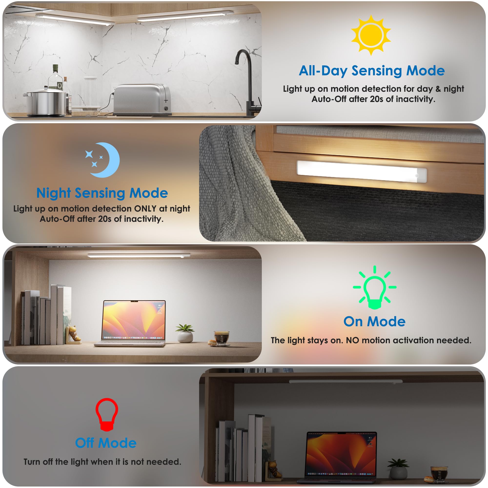 Motion Sensor Under Cabinet Lights, Magnetic Rechargeable Under Counter Closet Light, Wireless Night Light Bar Stick-On, 2-Pack, Warm White